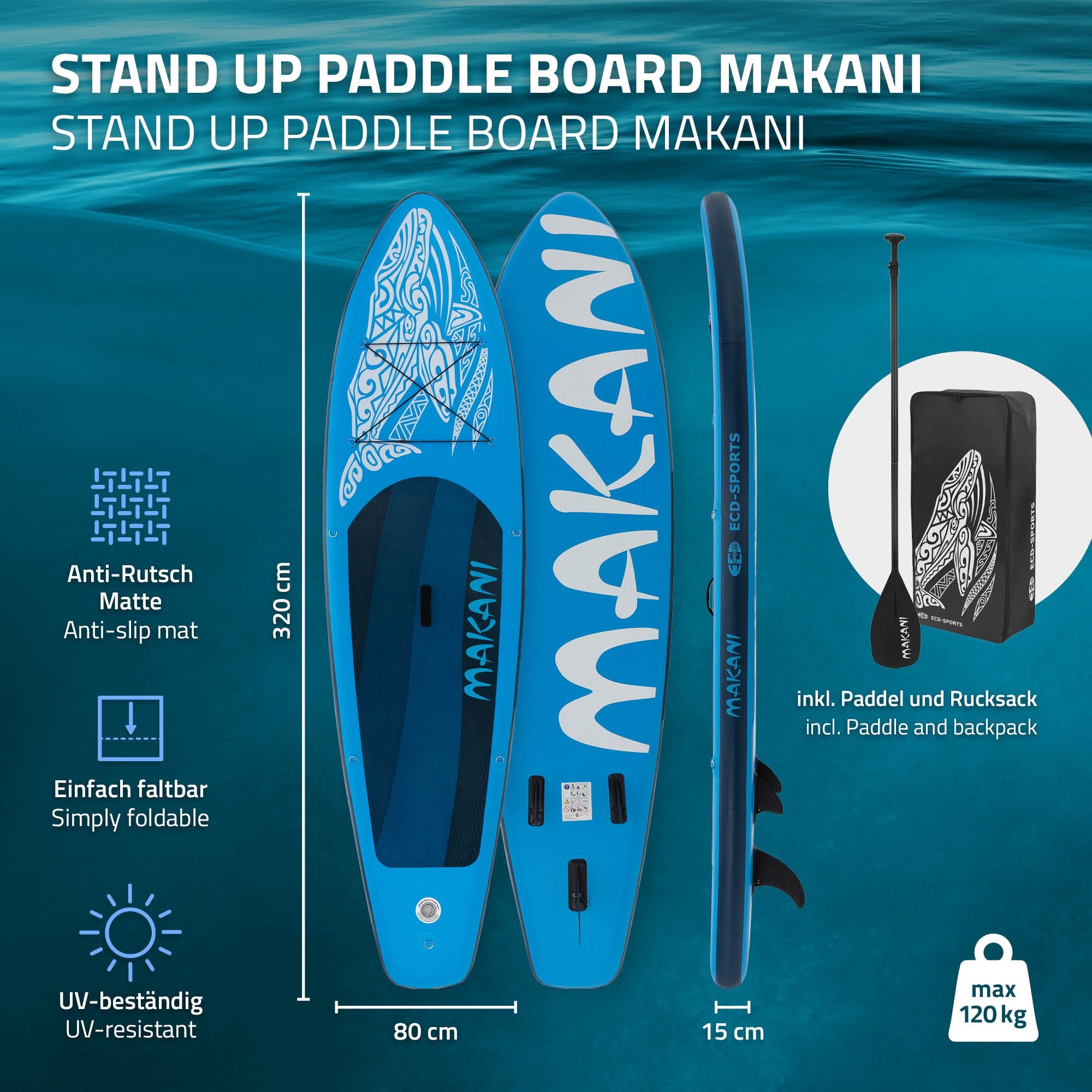 Stand Up Paddle Board Makani in blauw met afmetingen en eigenschappen.