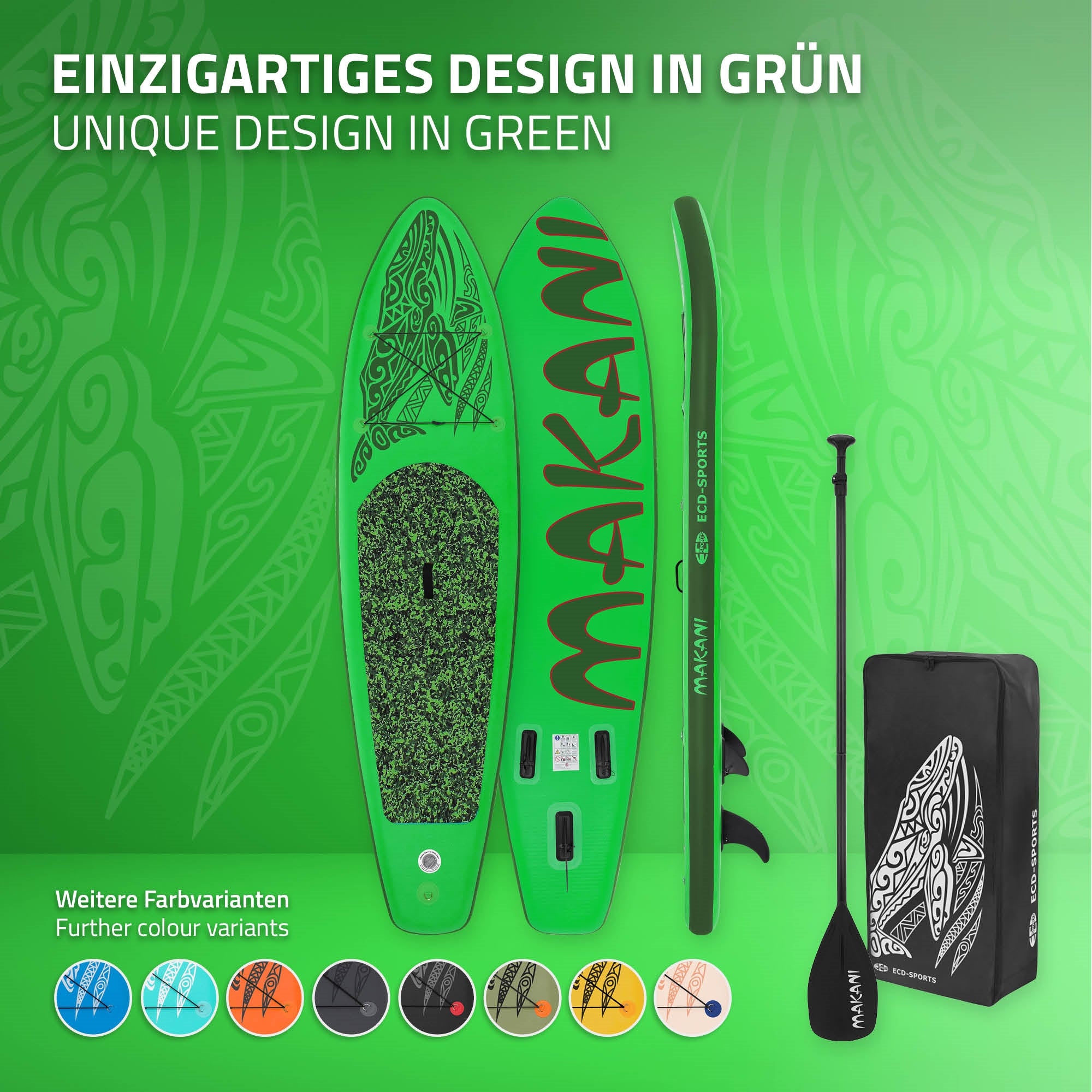 Zielona deska do paddleboardingu z designem i akcesoriami, pokazane inne warianty kolorystyczne.