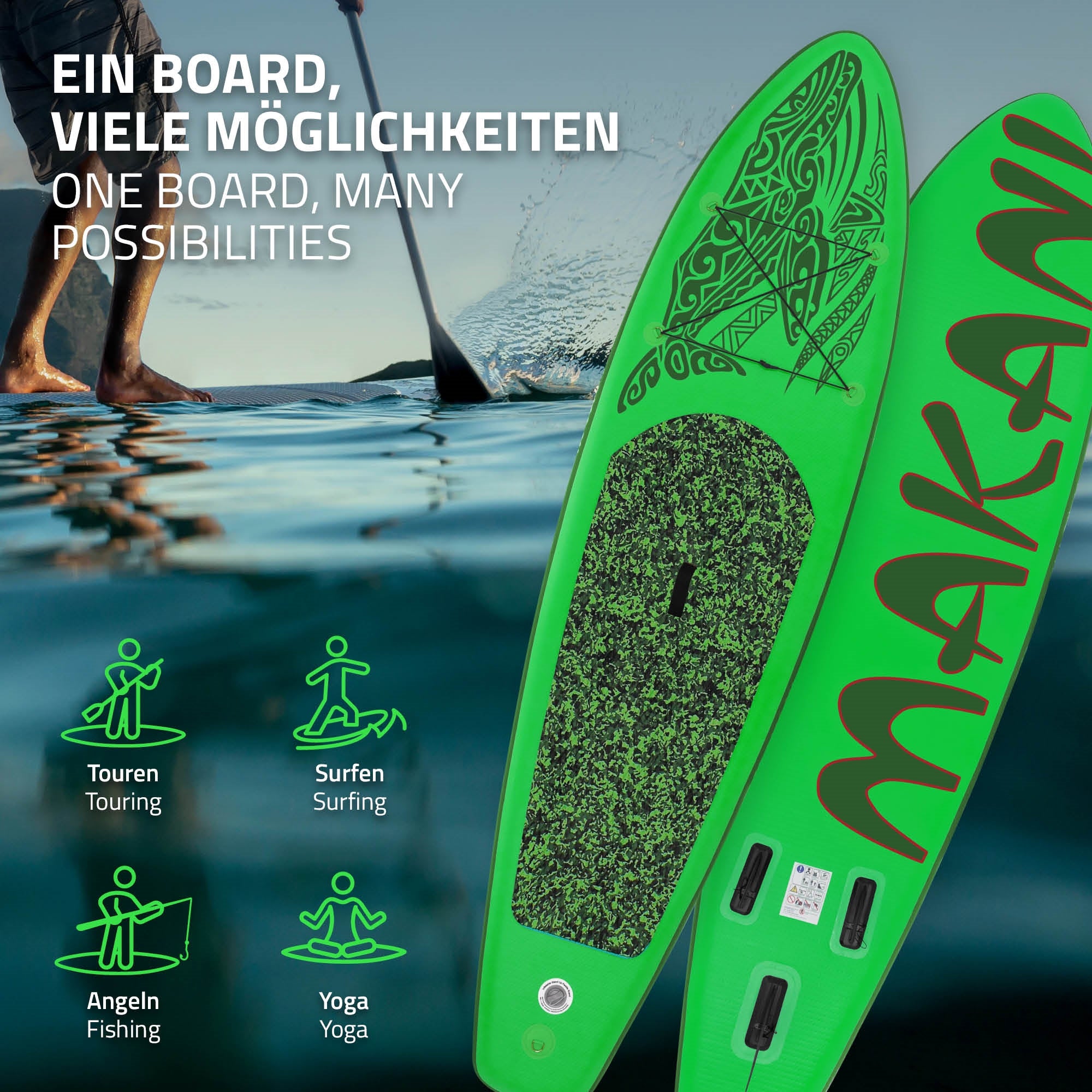 Zielona deska do paddleboardingu z możliwościami użytkowania, woda w tle.
