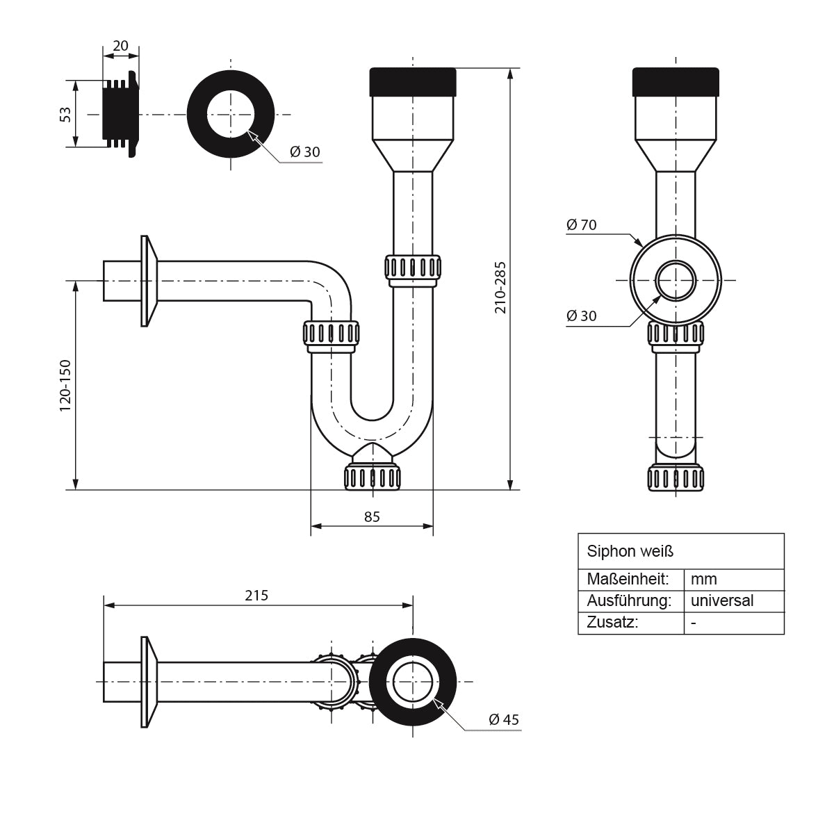 Technical drawing of a siphon with measurements and details.