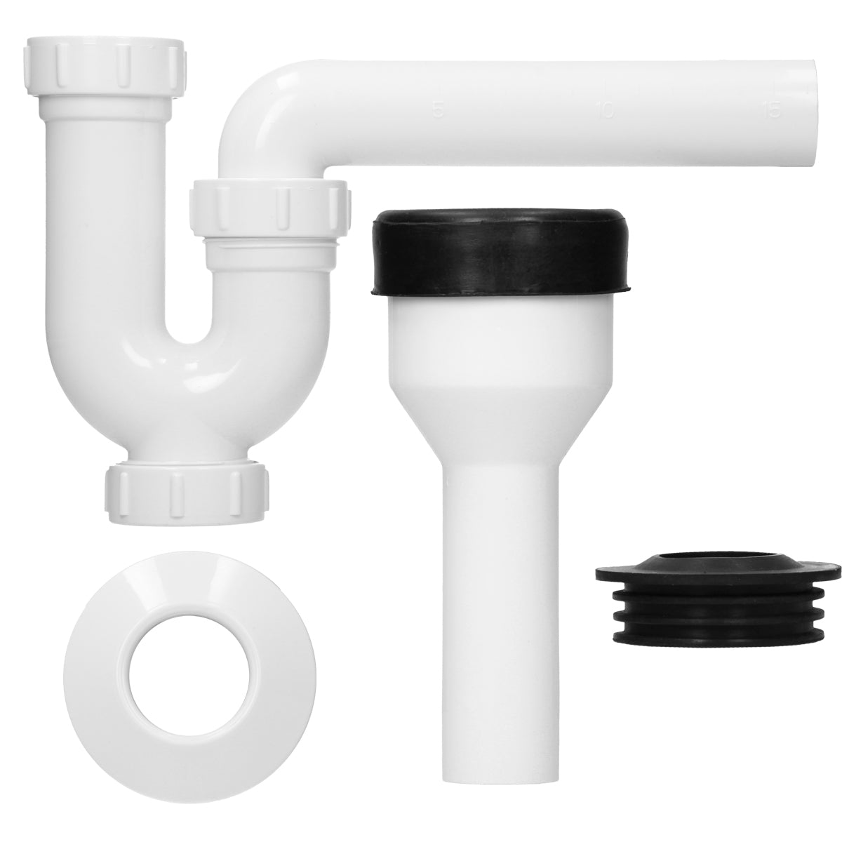 Plastic pipes and connectors in white, for sanitary installations.