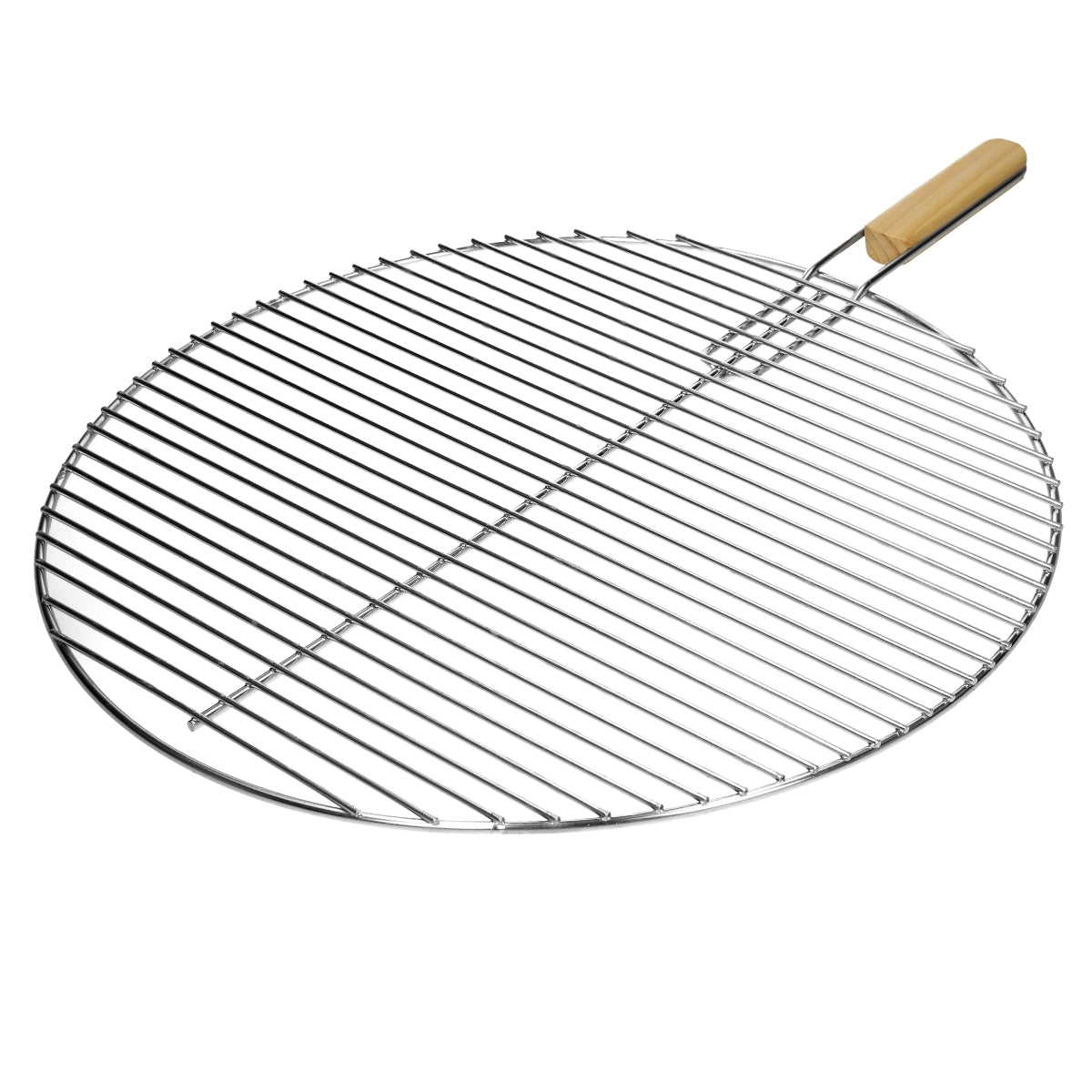 Kerek rozsdamentes acél grillrács fából készült fogantyúval.
