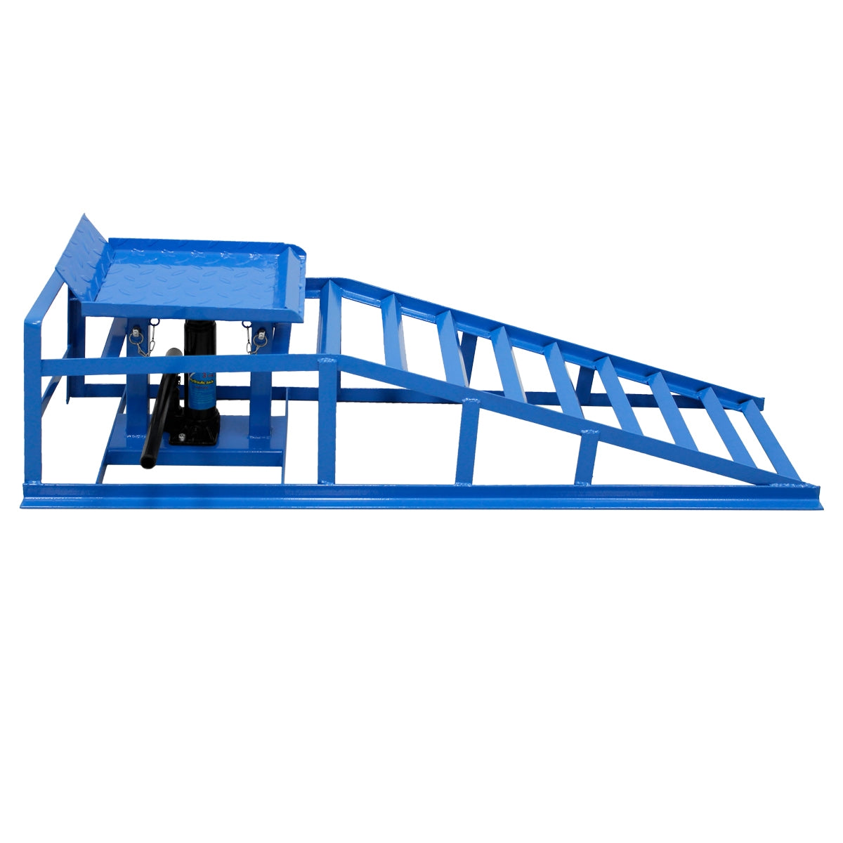 Rampa azul con superficie inclinada y soporte.