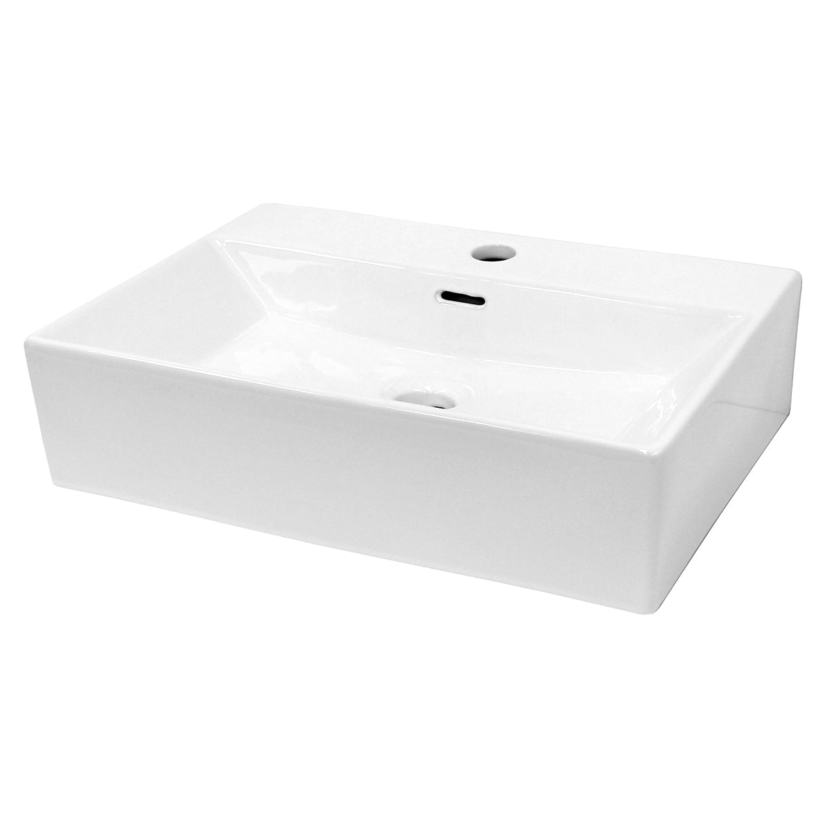 Lavabo rettangolare bianco con un'apertura di scarico centrale.