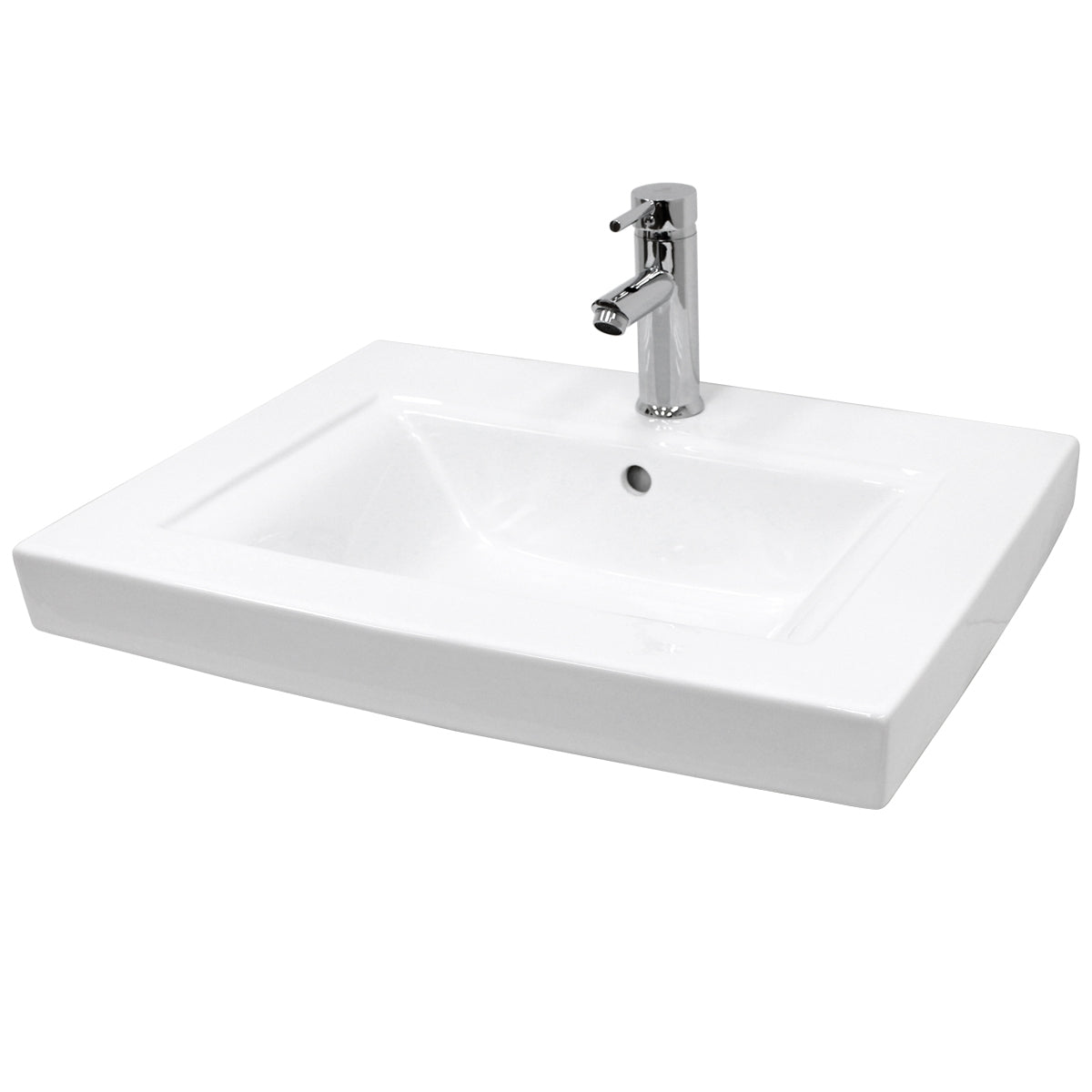 Rechteckiges, weißes Waschbecken mit verchromtem Wasserhahn.