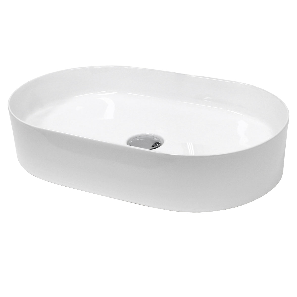 Soikea, valkoinen pesuallas, jossa on keskitetty viemärireikä.