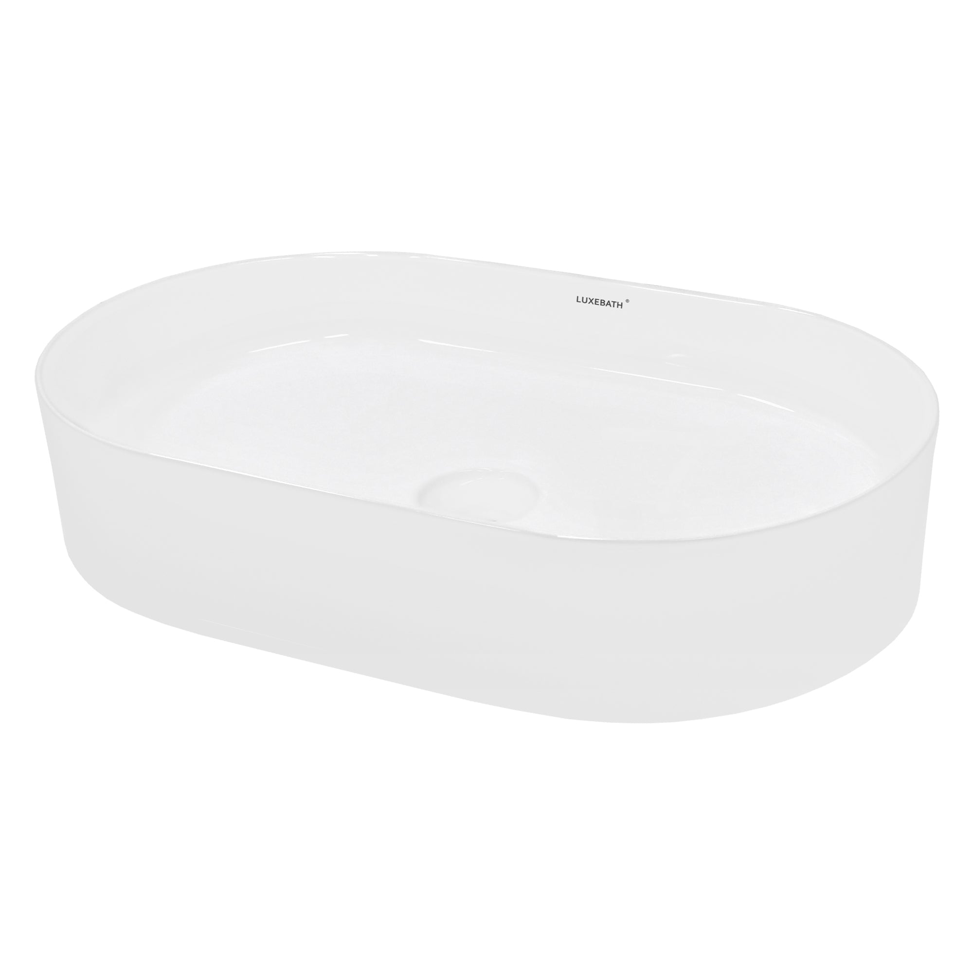 Soikea, valkoinen pesuallas, jossa on sileä pinta ja keskellä viemärireikä.