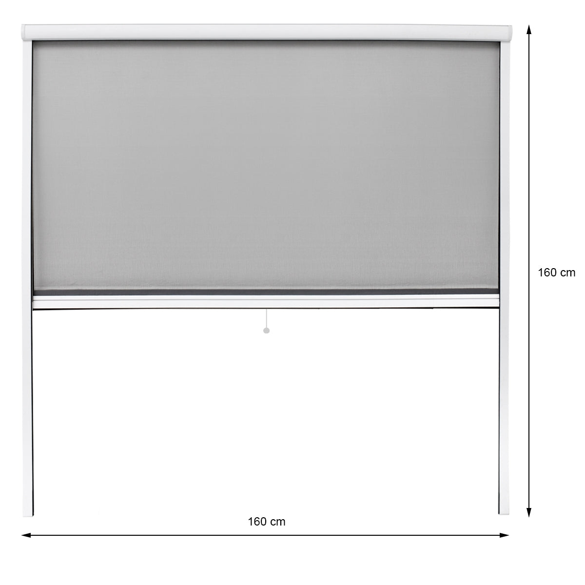 Šedá roleta s rozměry 160 cm x 160 cm.