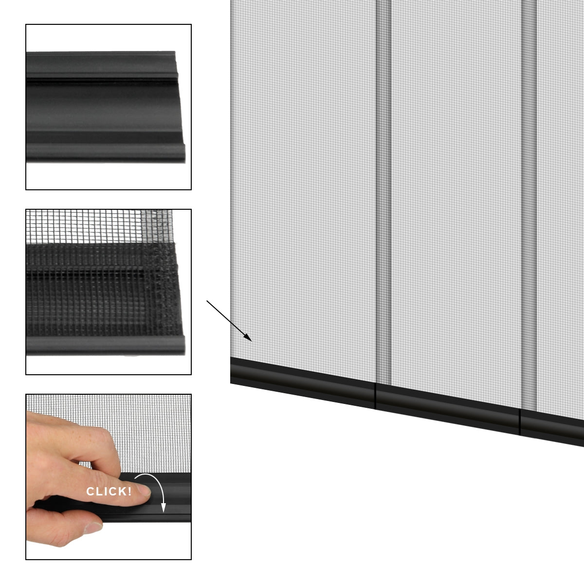 Hand holding a black frame with a net and a click mechanism.