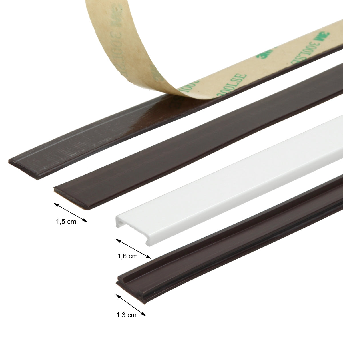Various plastic profiles in brown and white on a white background.