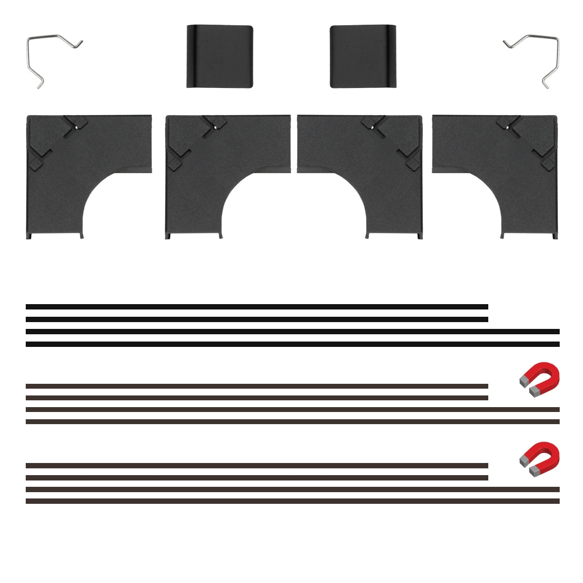 Black plastic parts and magnetic strips on a white background.
