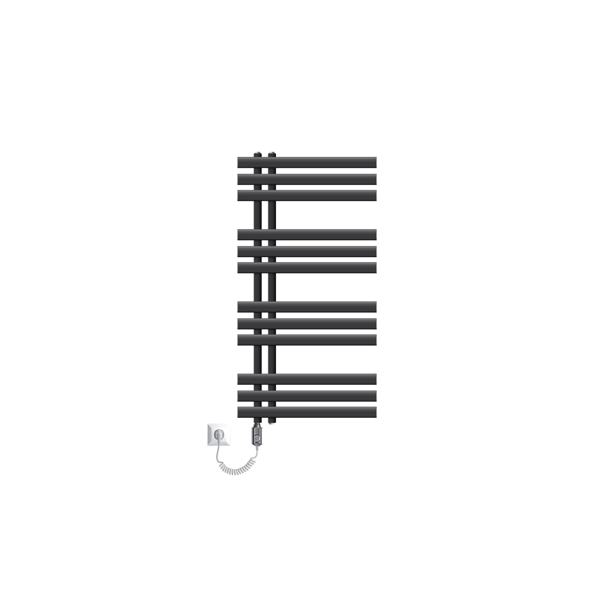 Un radiateur électrique anthracite avec des lamelles horizontales.