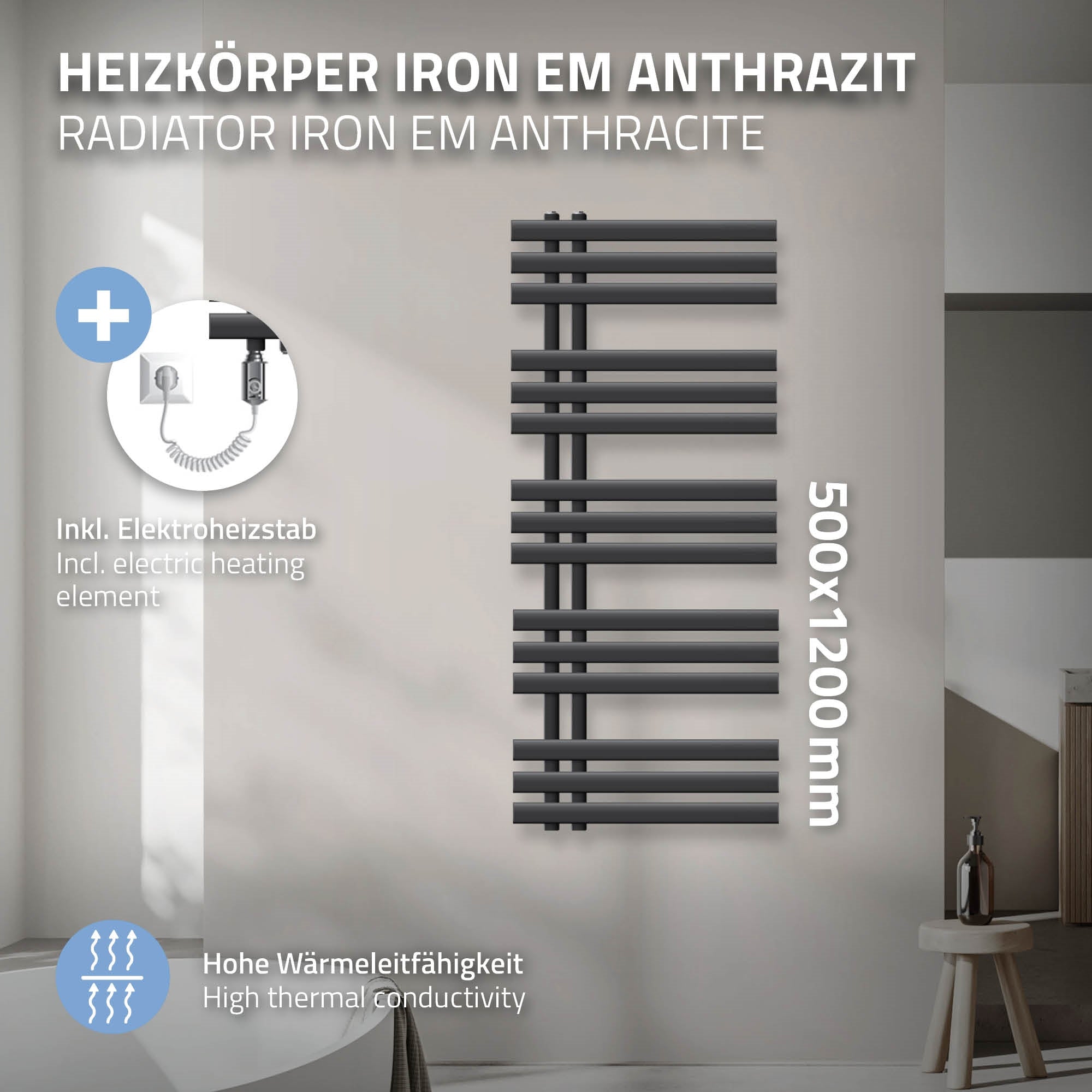 Radiateur anthracite, 500x1200 mm, avec élément chauffant électrique.