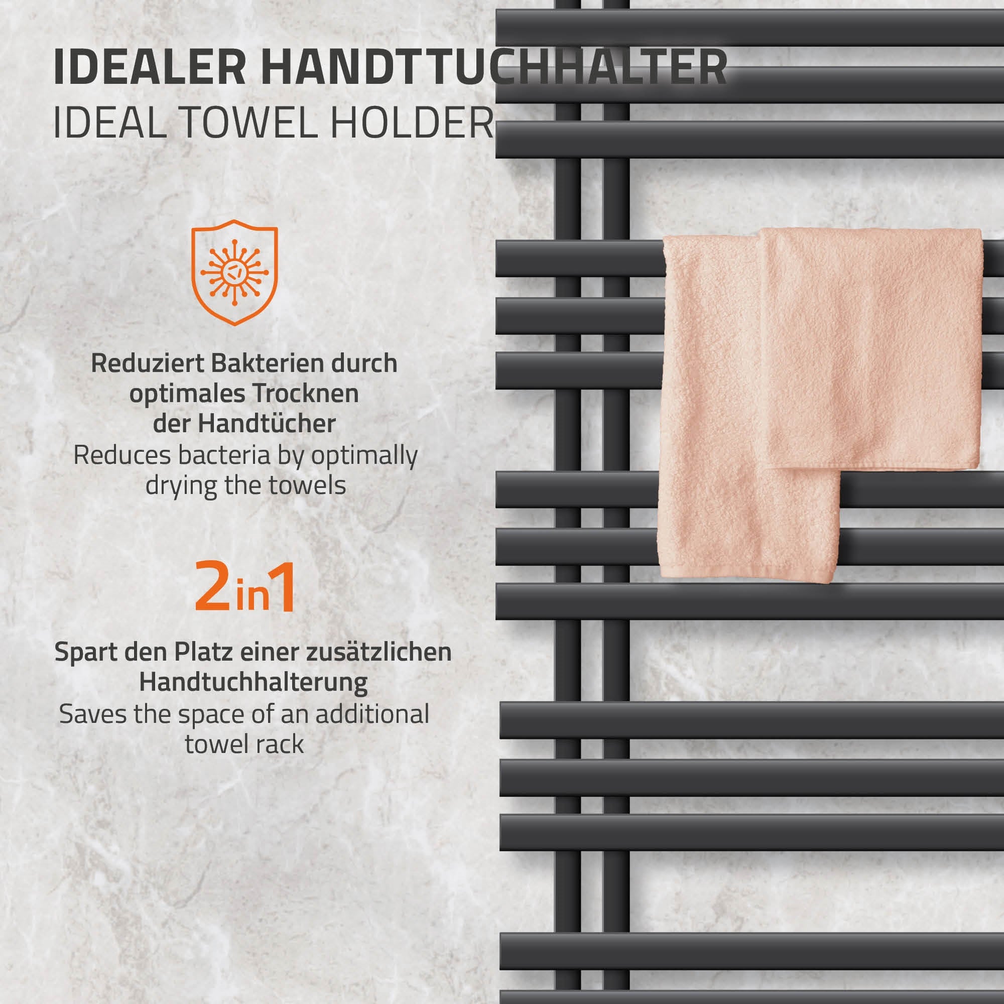Graphic about a towel holder with information on bacteria reduction.