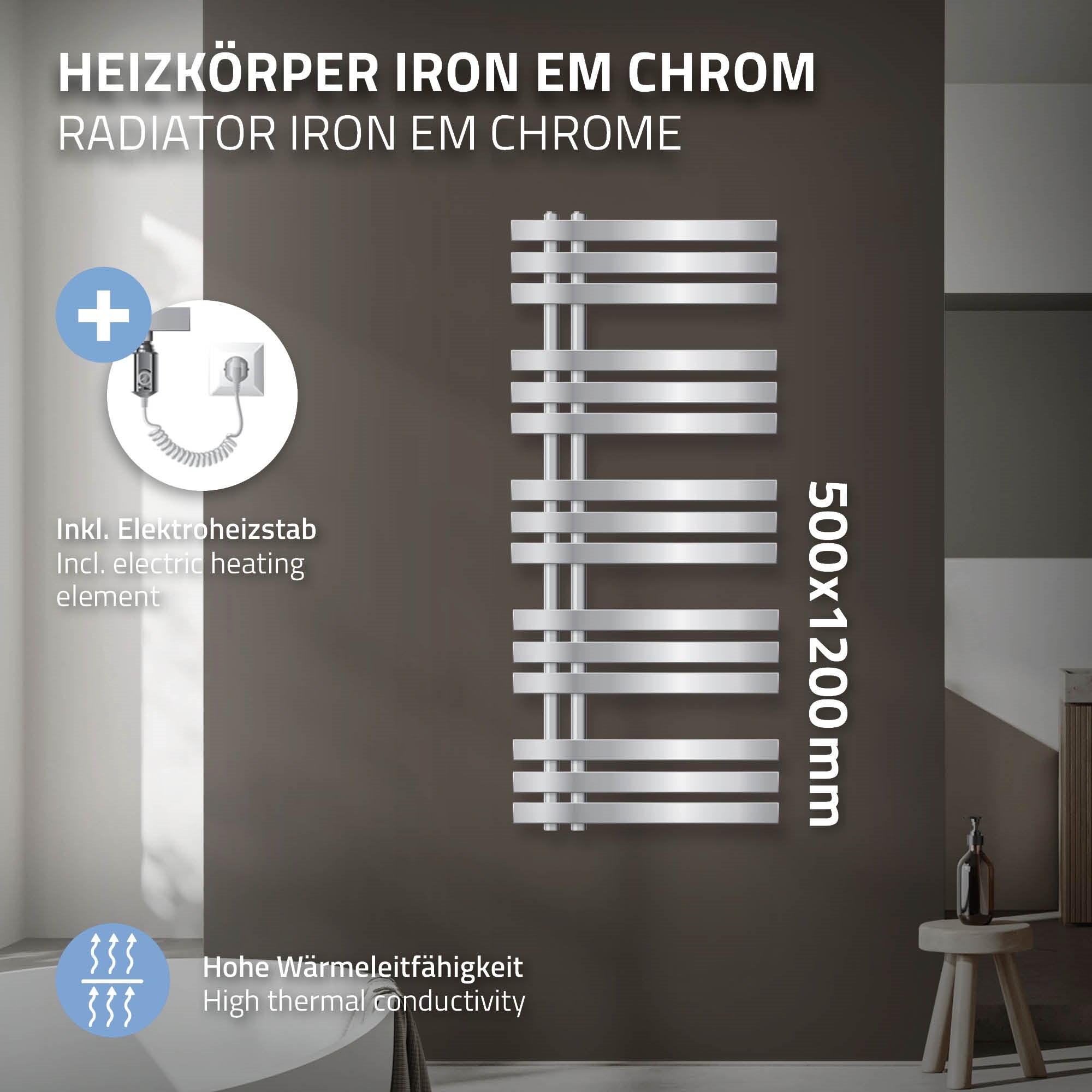 Radiateur en chrome, 500x1200 mm, avec élément chauffant électrique.