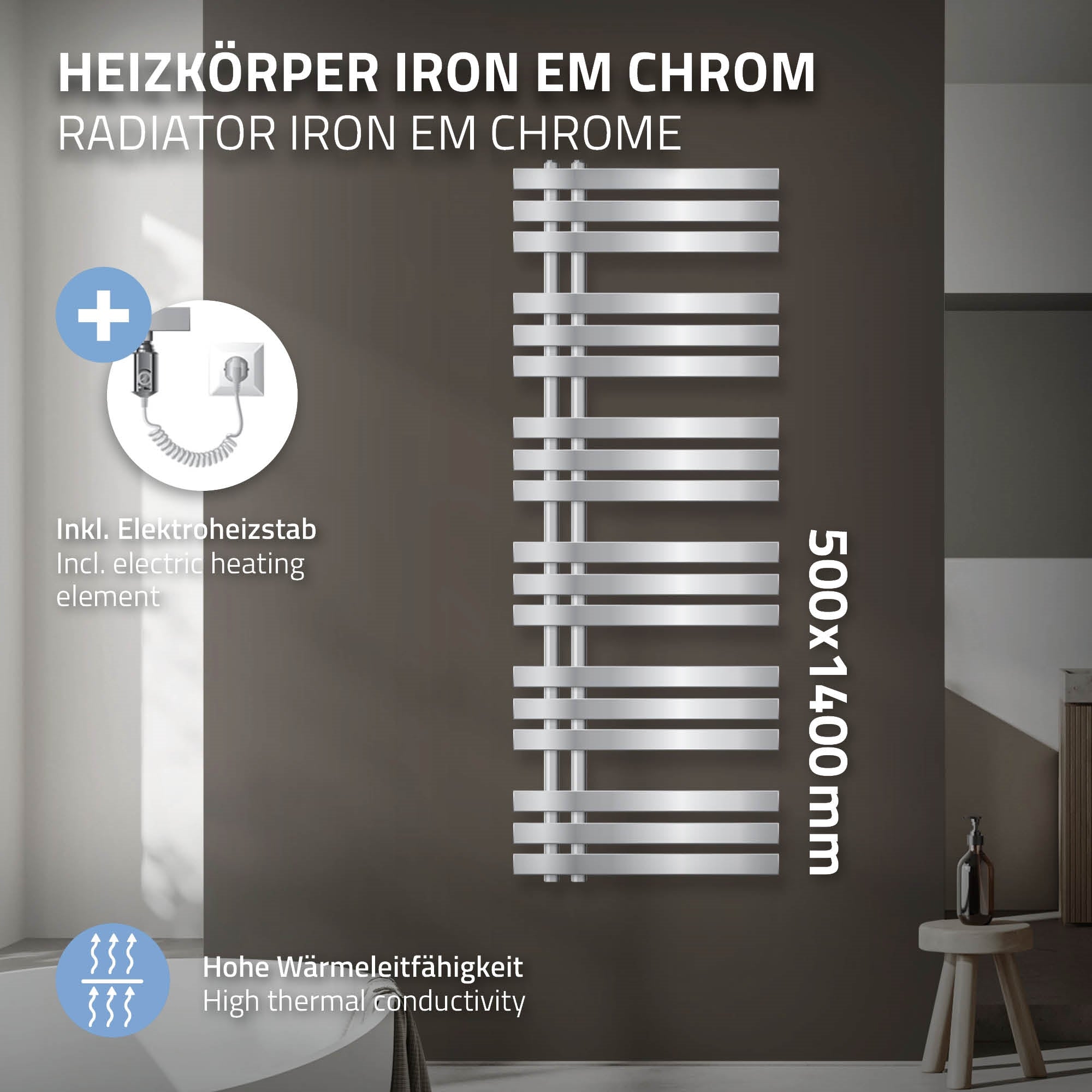 Heizkörper in Chrom mit Elektroheizstab, Maße 500x1400 mm.
