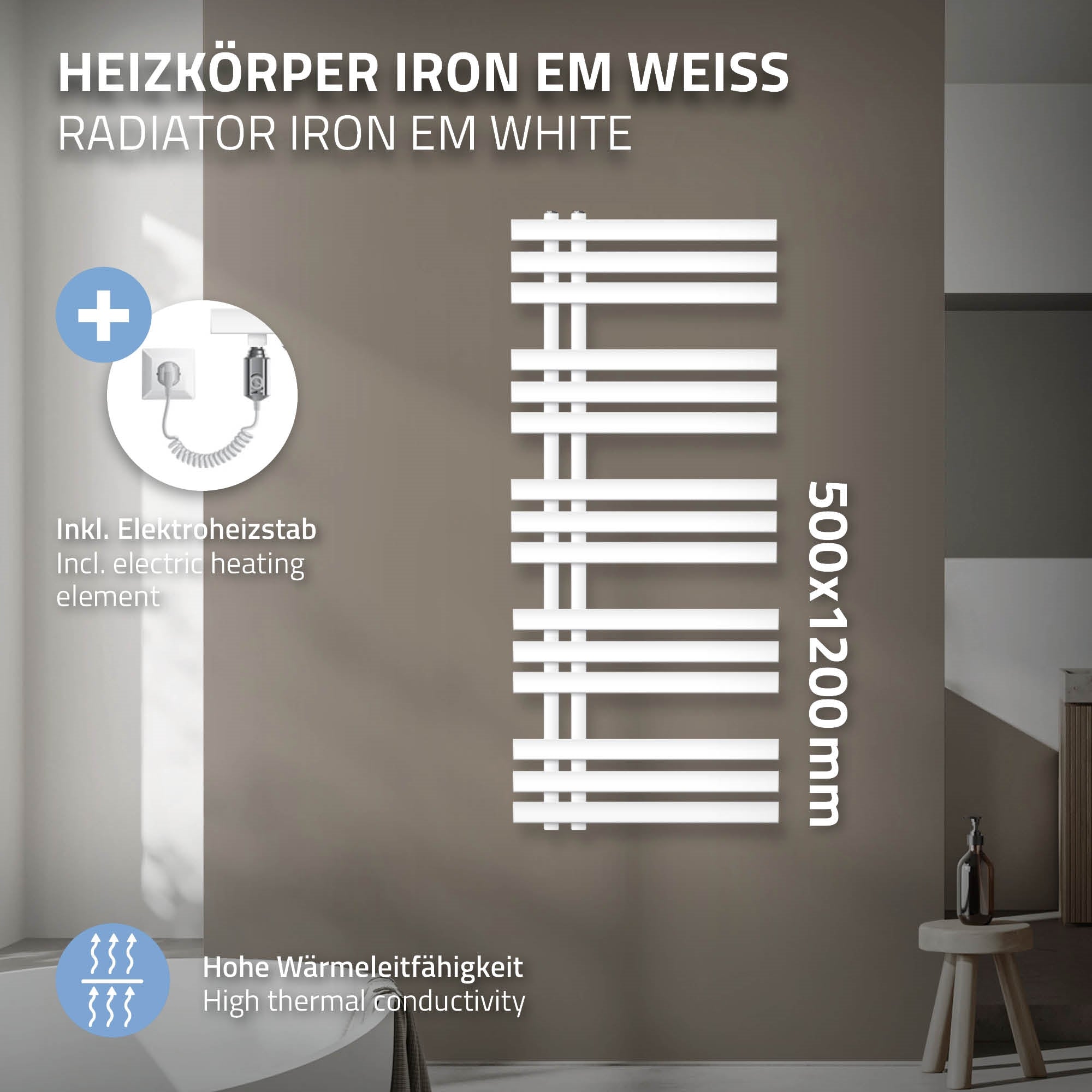 Radiator i hvid, 500x1200 mm, med elvarmestang.