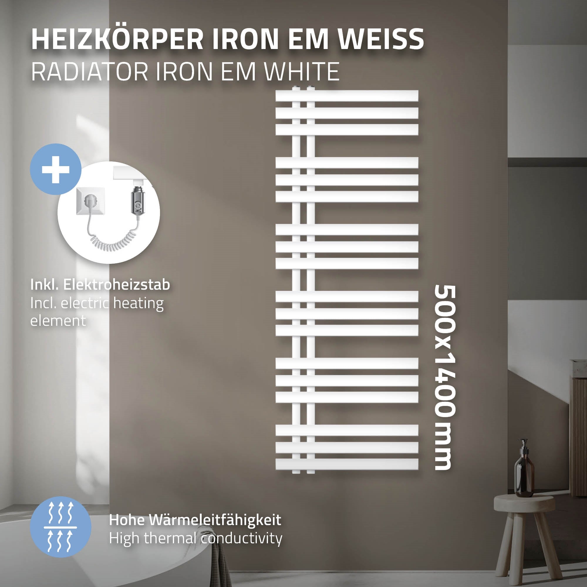 Radiator in white, 500x1400 mm, with electric heating element.