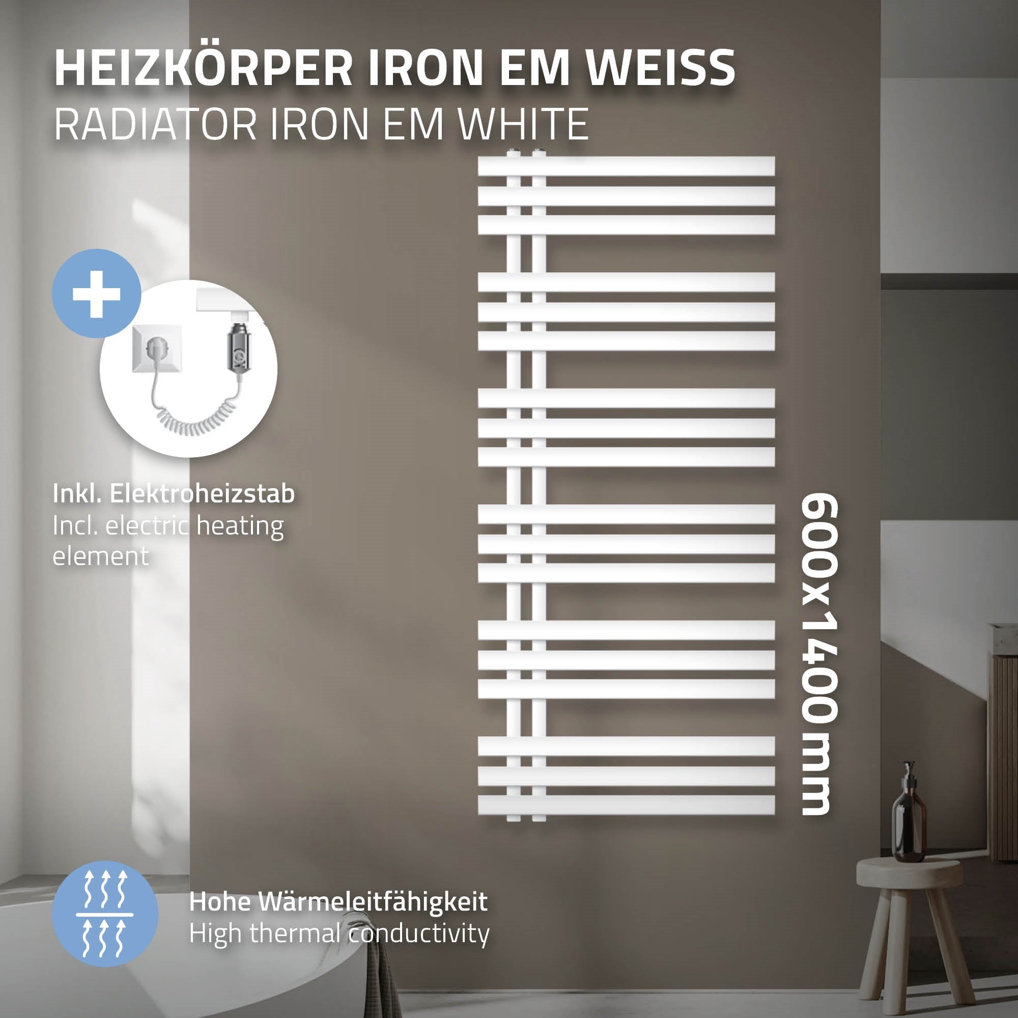 Weißer Heizkörper mit horizontalen Lamellen, Maße 600x1400 mm.