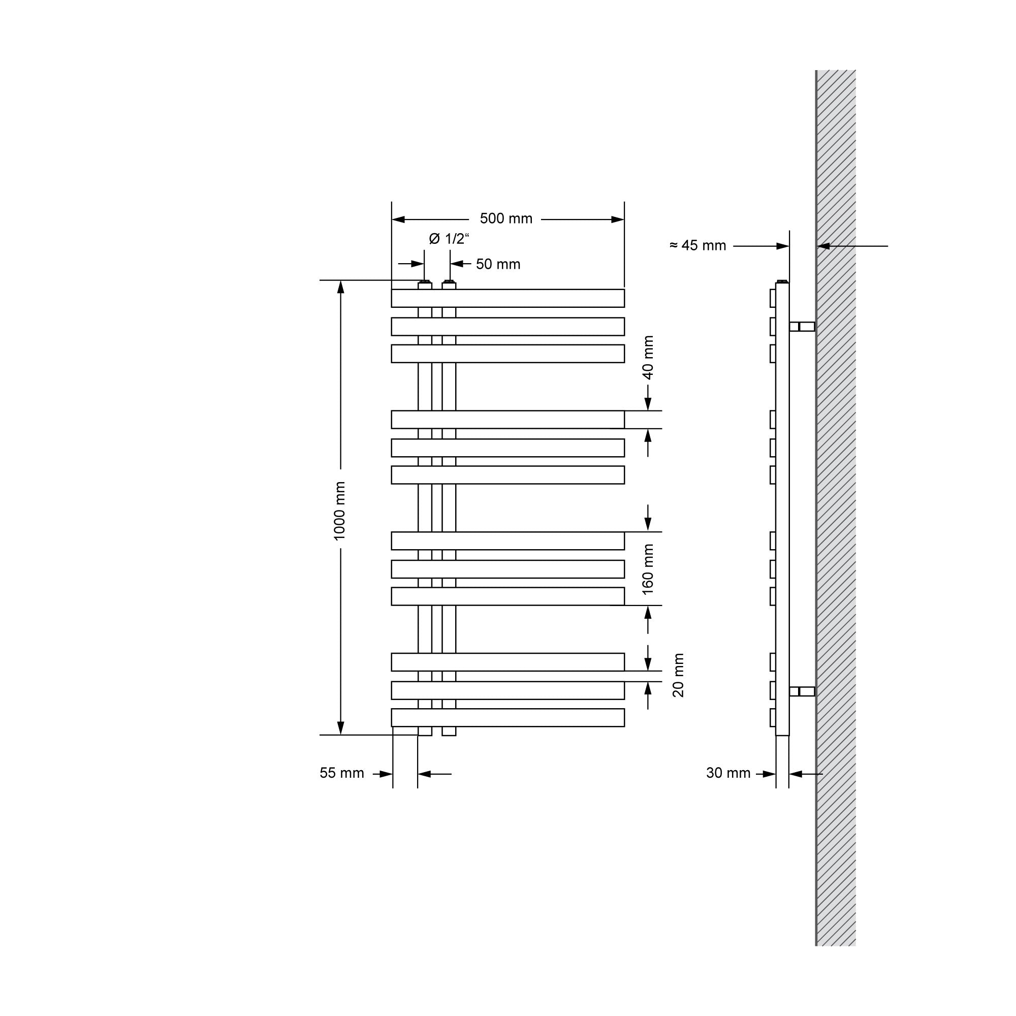 Technical drawing of a radiator with dimensions and details.