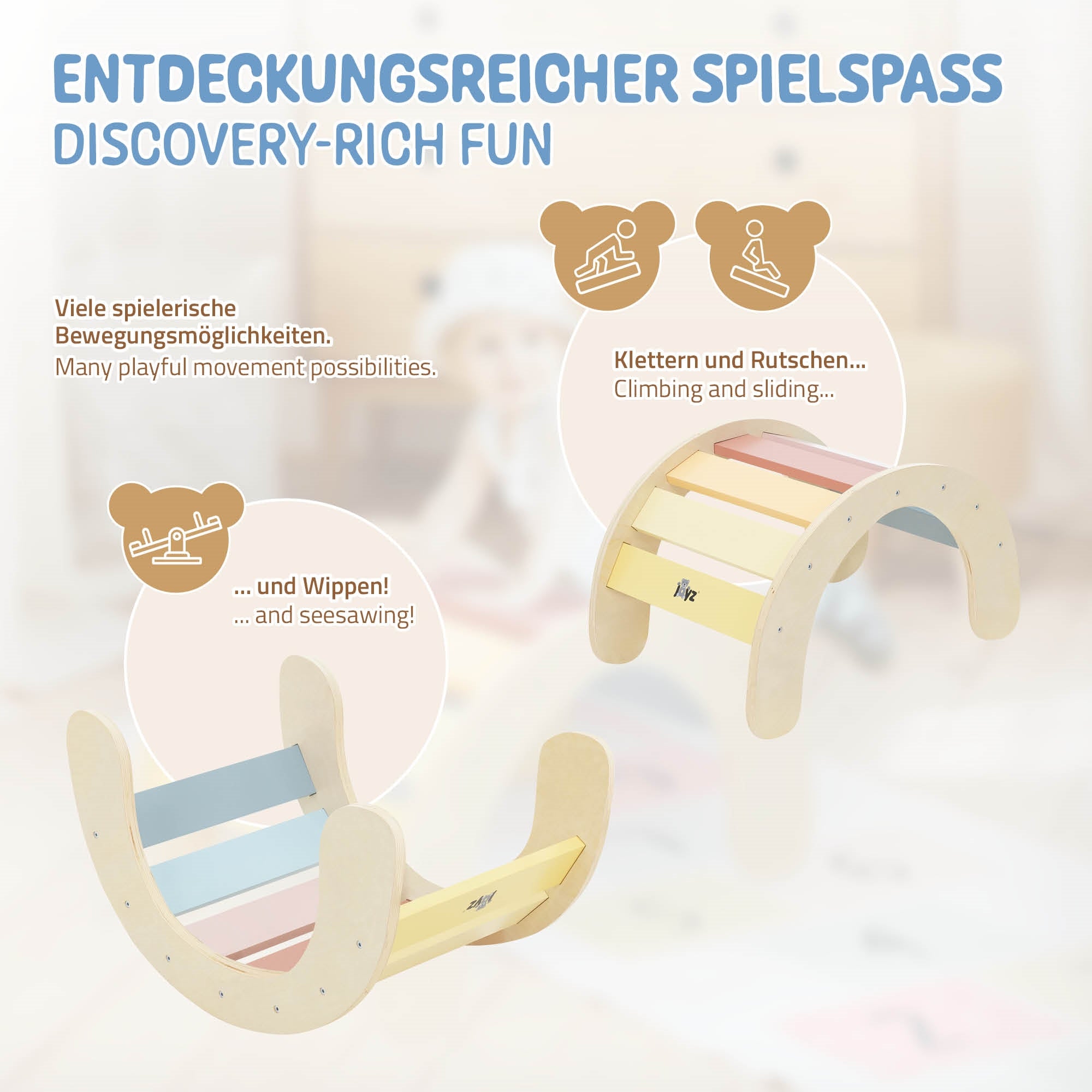 Grafik mit bunten Holzspielzeugbrücken und Spielmöglichkeiten.