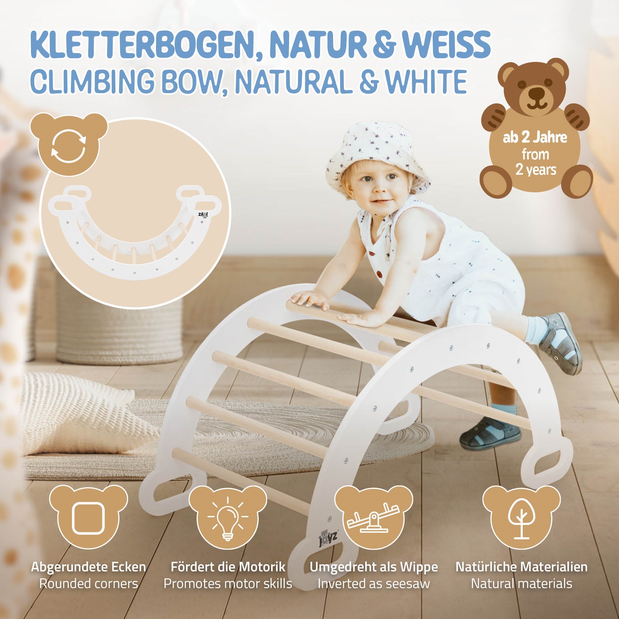 Ein Kletterbogen aus Holz in Natur- und Weißtönen mit einem Kind.