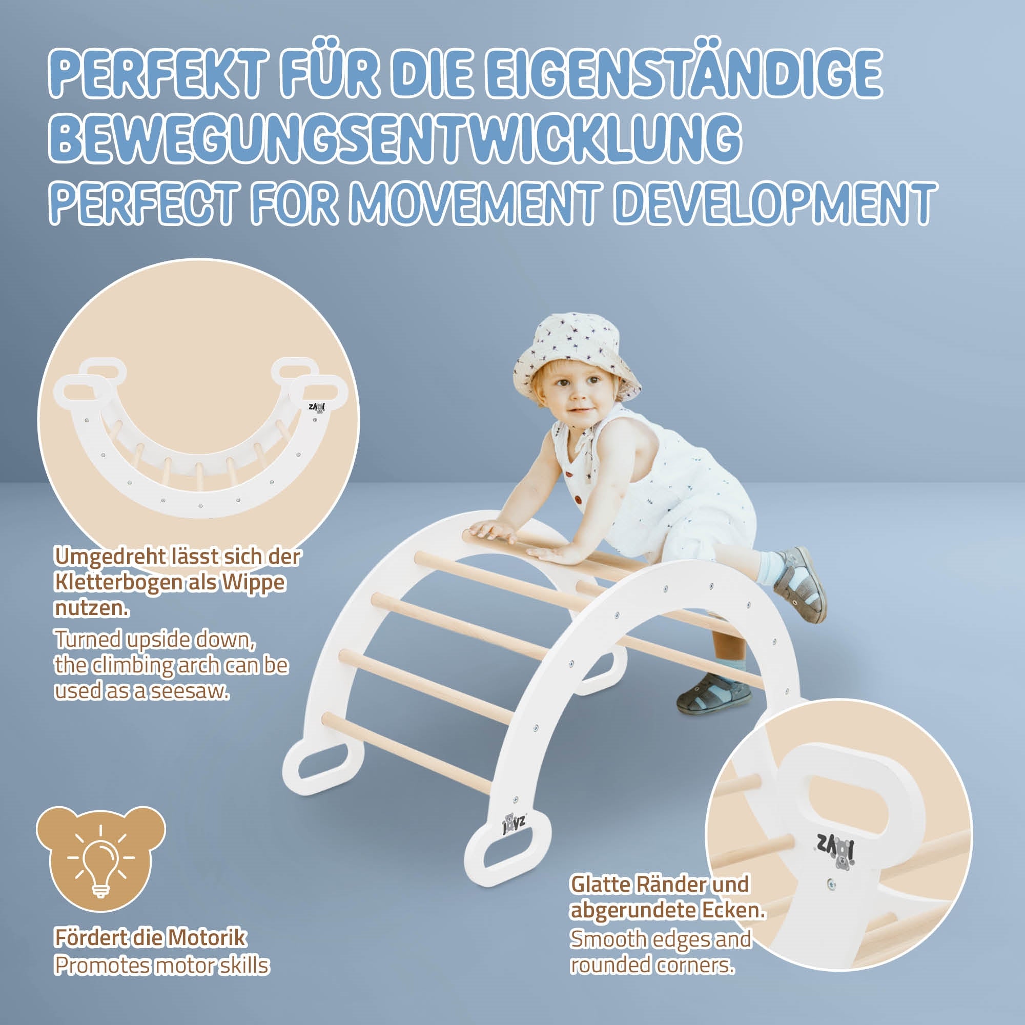 Ein Klettergerüst für Kinder mit glatten Kanten und einem Kind, das darauf spielt.