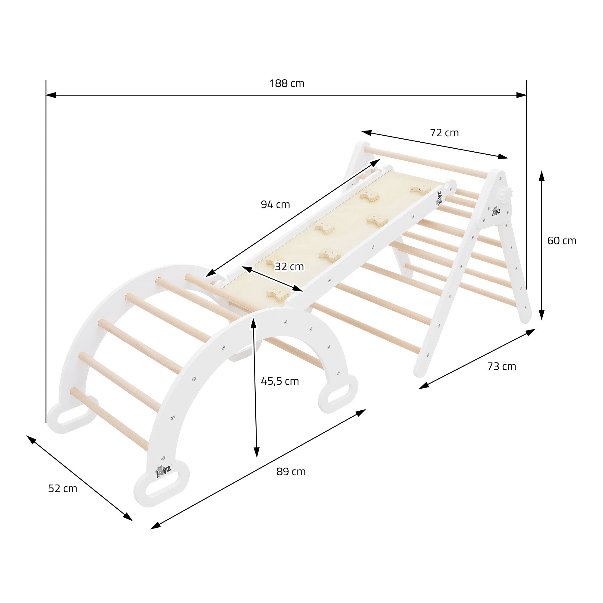 Holzspielgerät mit Maßen und Konstruktionsdetails auf weißem Hintergrund.