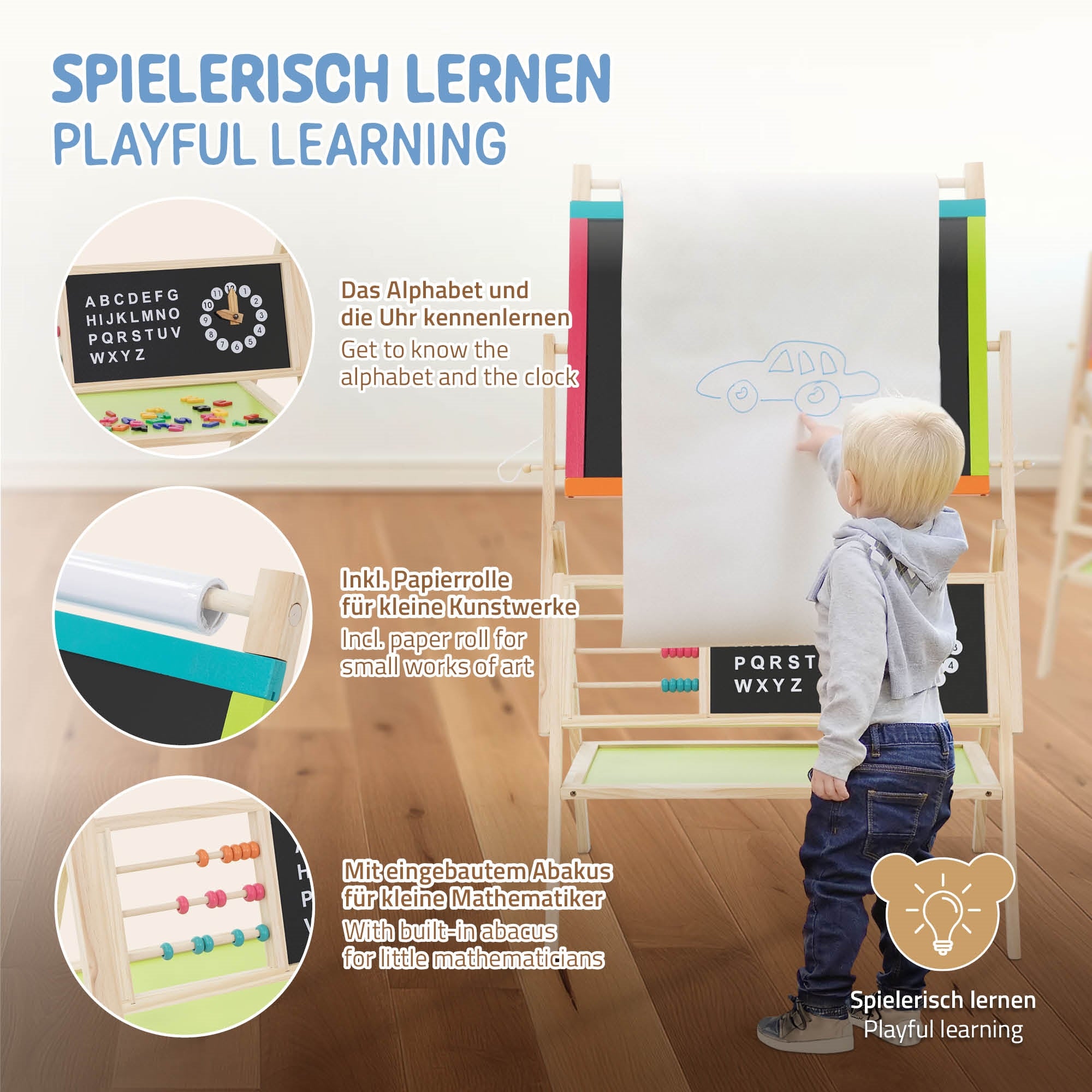 Child standing in front of a learning toy with letters, numbers, and a drawing pad.