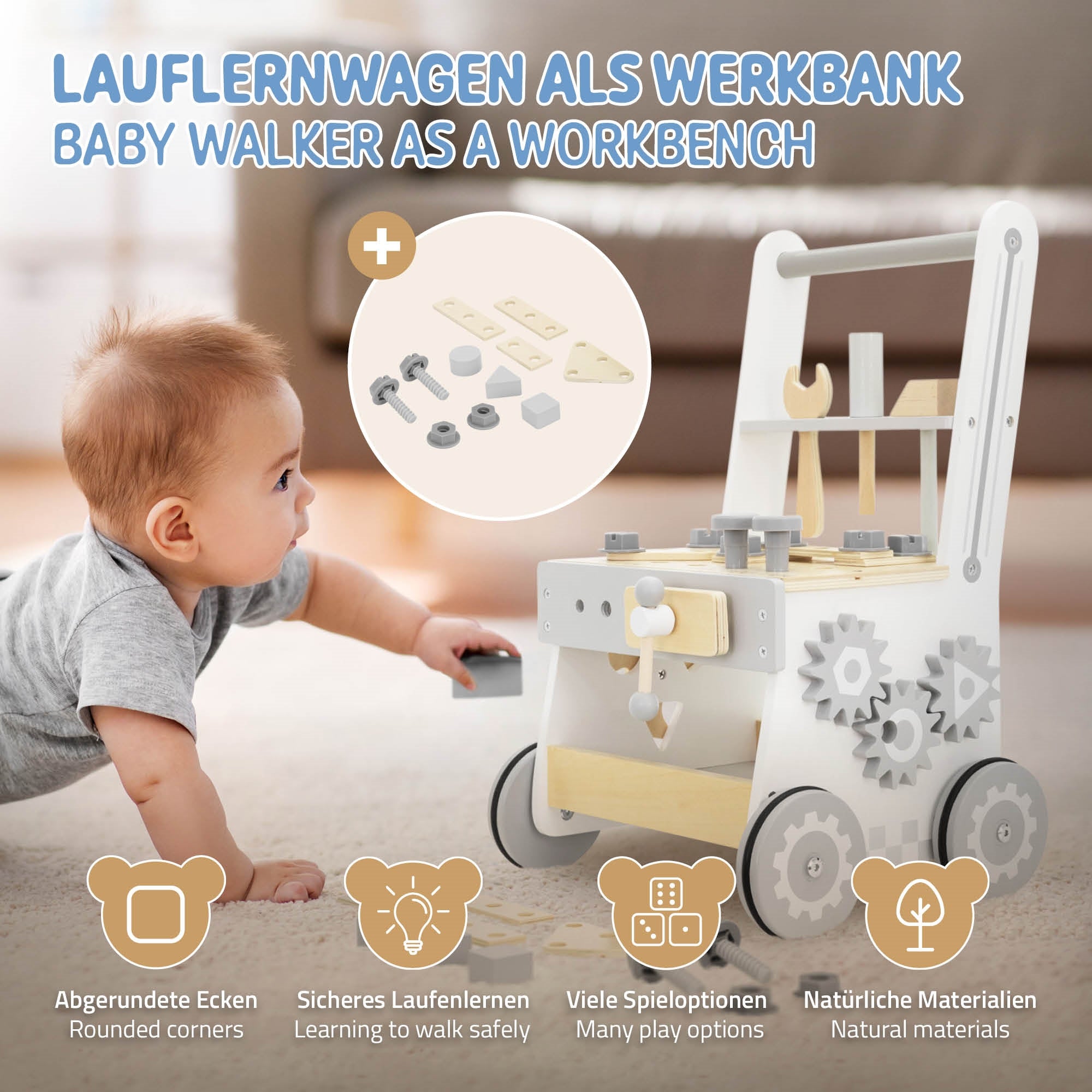 Bébé avec un chariot d'apprentissage utilisé comme établi, entouré de jouets.