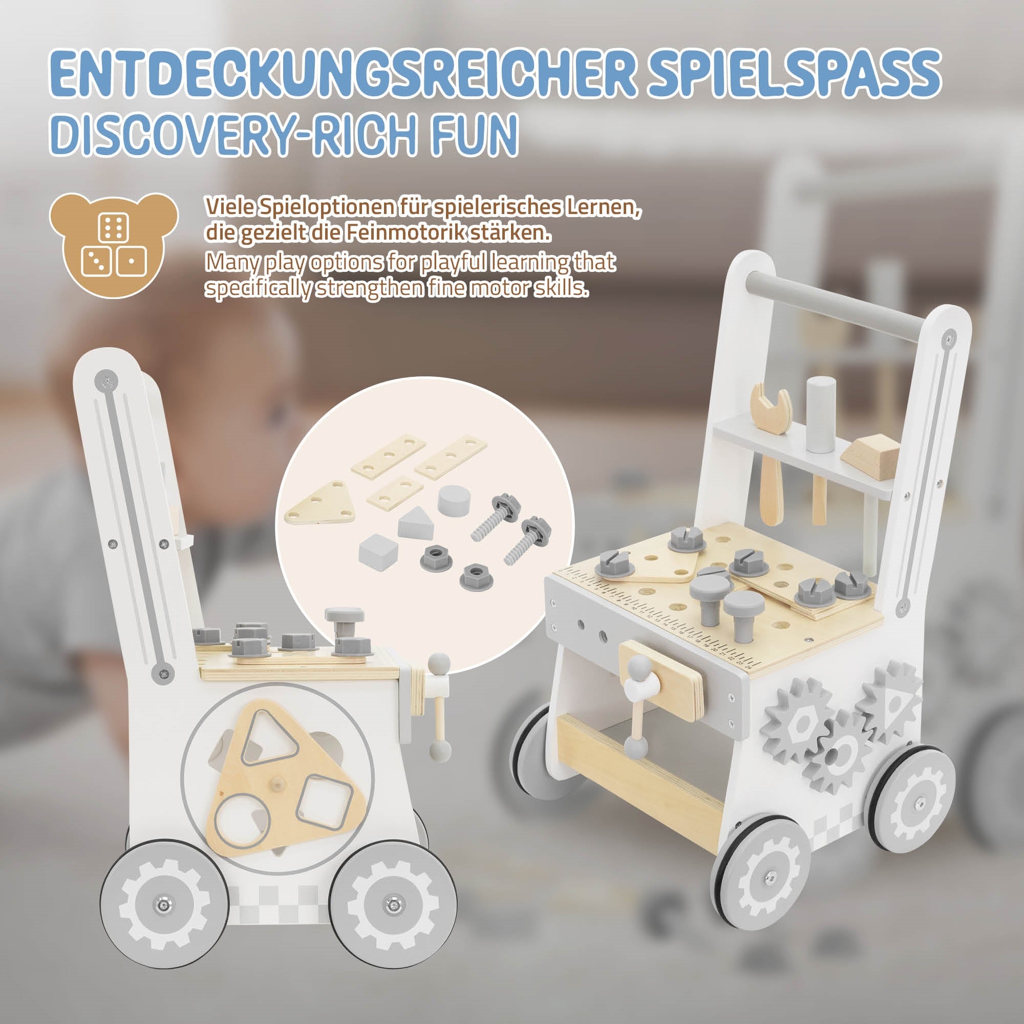 Wagon de jouets avec différentes options de jeu pour les enfants.