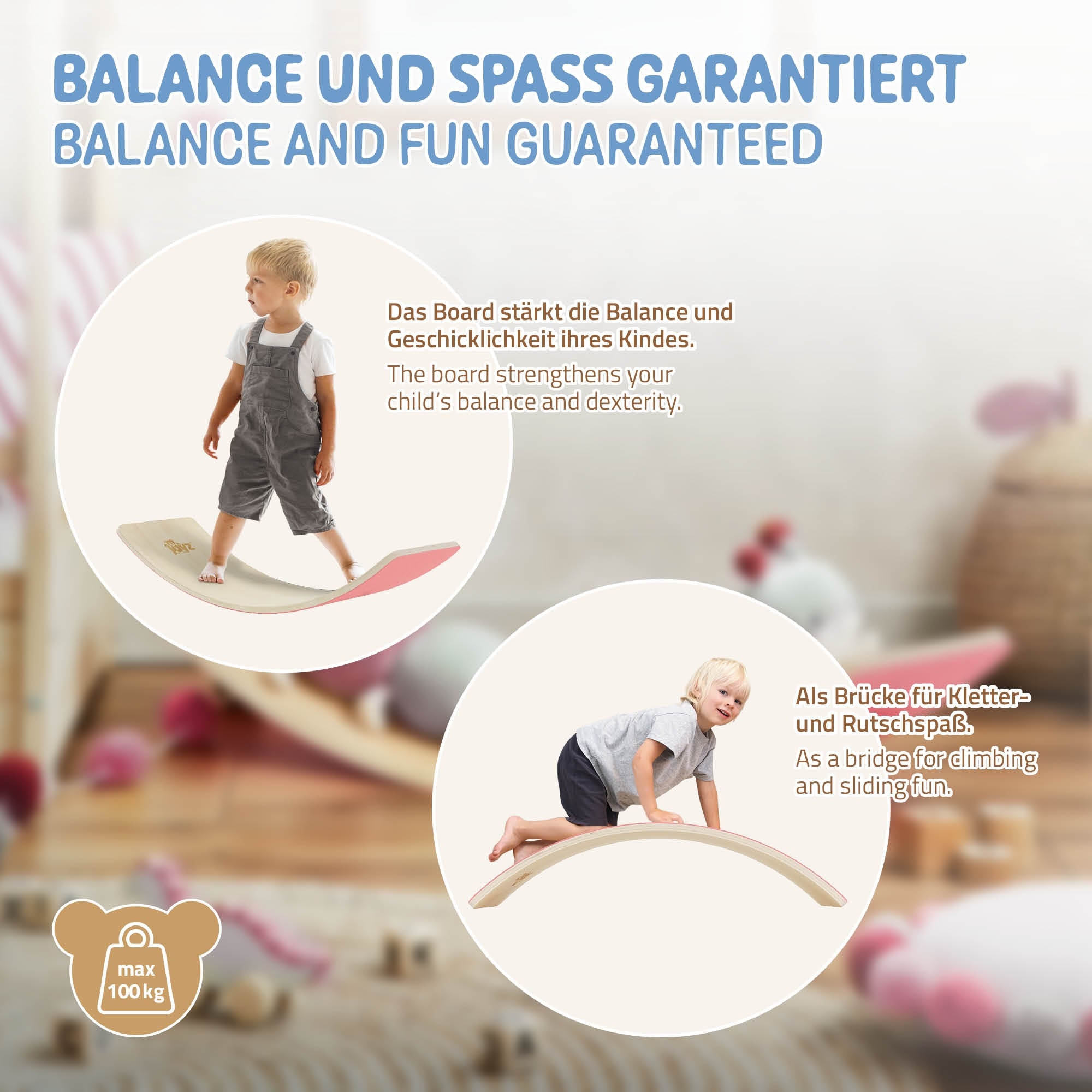Dítě si hraje na balance boardu, který podporuje rovnováhu a obratnost.