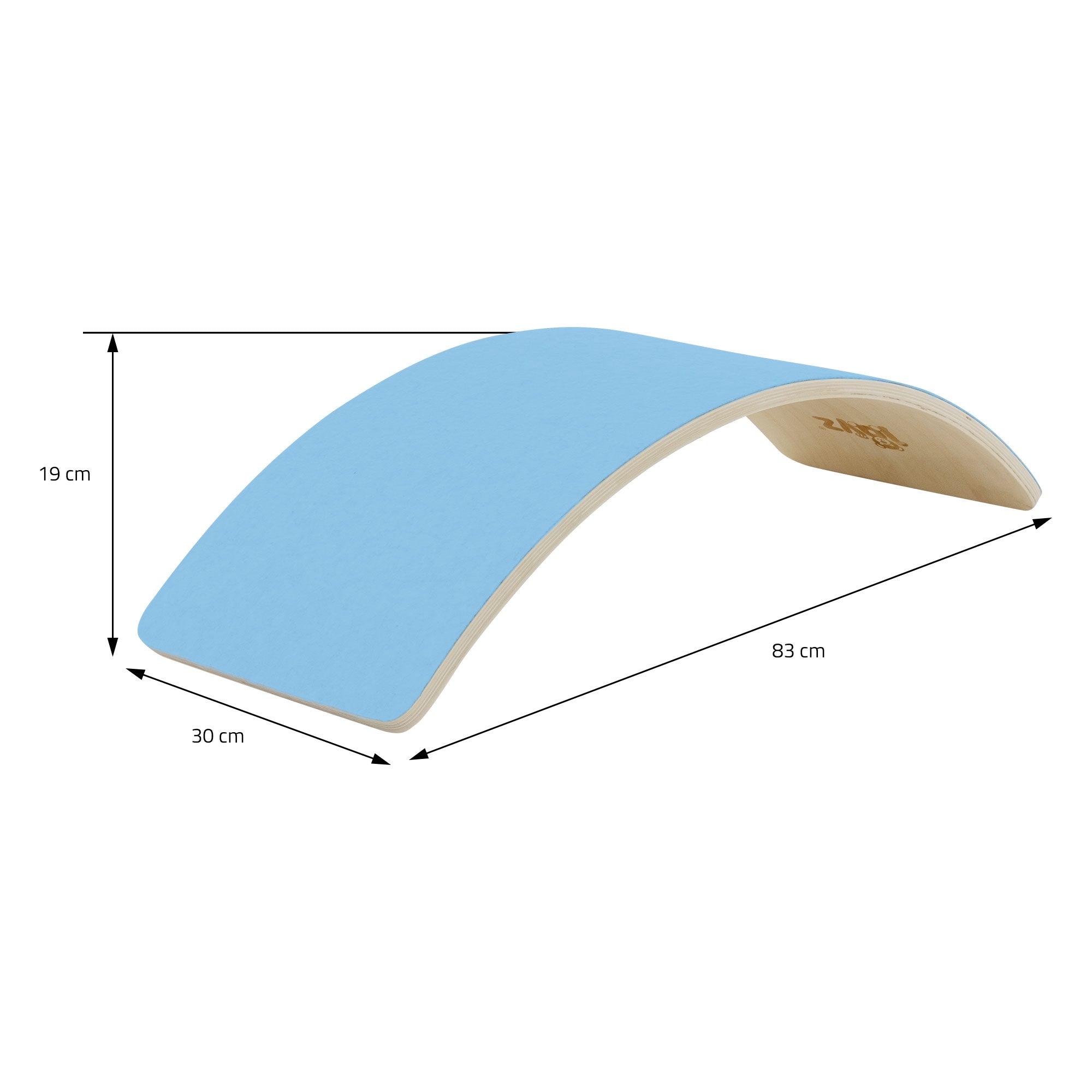 Blue wooden bridge with dimensions: 83 cm long, 30 cm wide, 19 cm high.