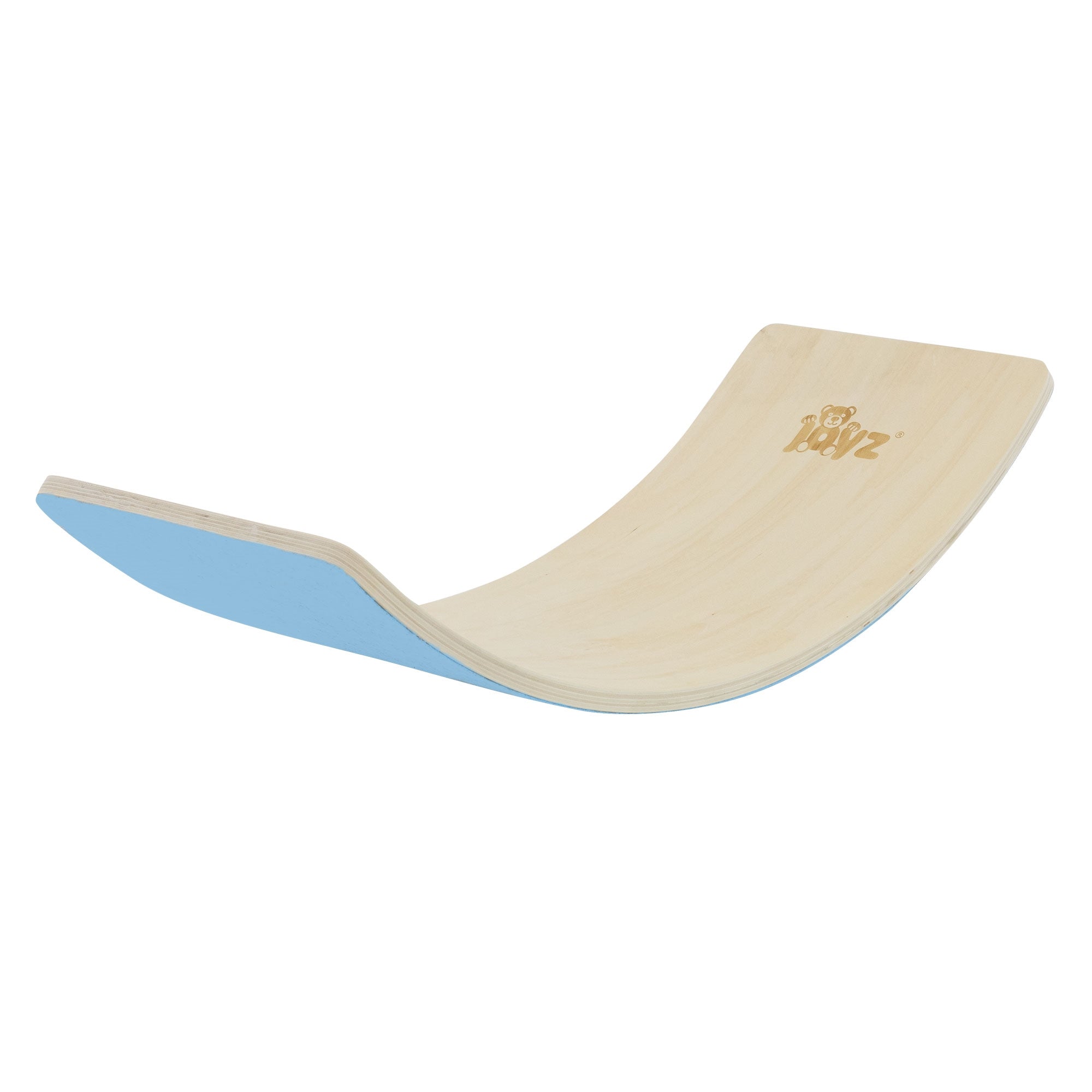 Equipo de juego de madera en forma curva, color natural con parte inferior azul.