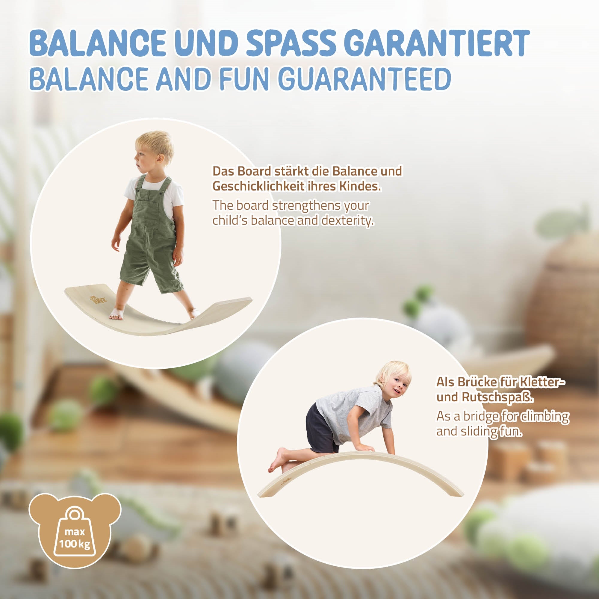 Ein Kind steht auf einem Wackelbrett und balanciert. Spielzeug und Dekoration im Hintergrund.