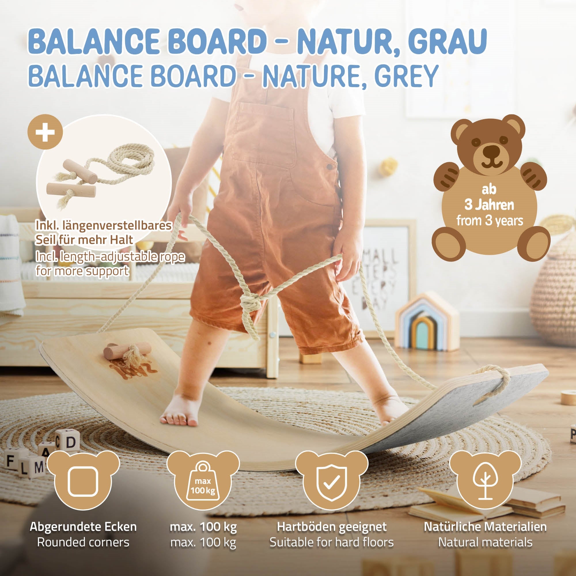Balance Board in Natur und Grau, ab 3 Jahren, mit abgerundeten Ecken.