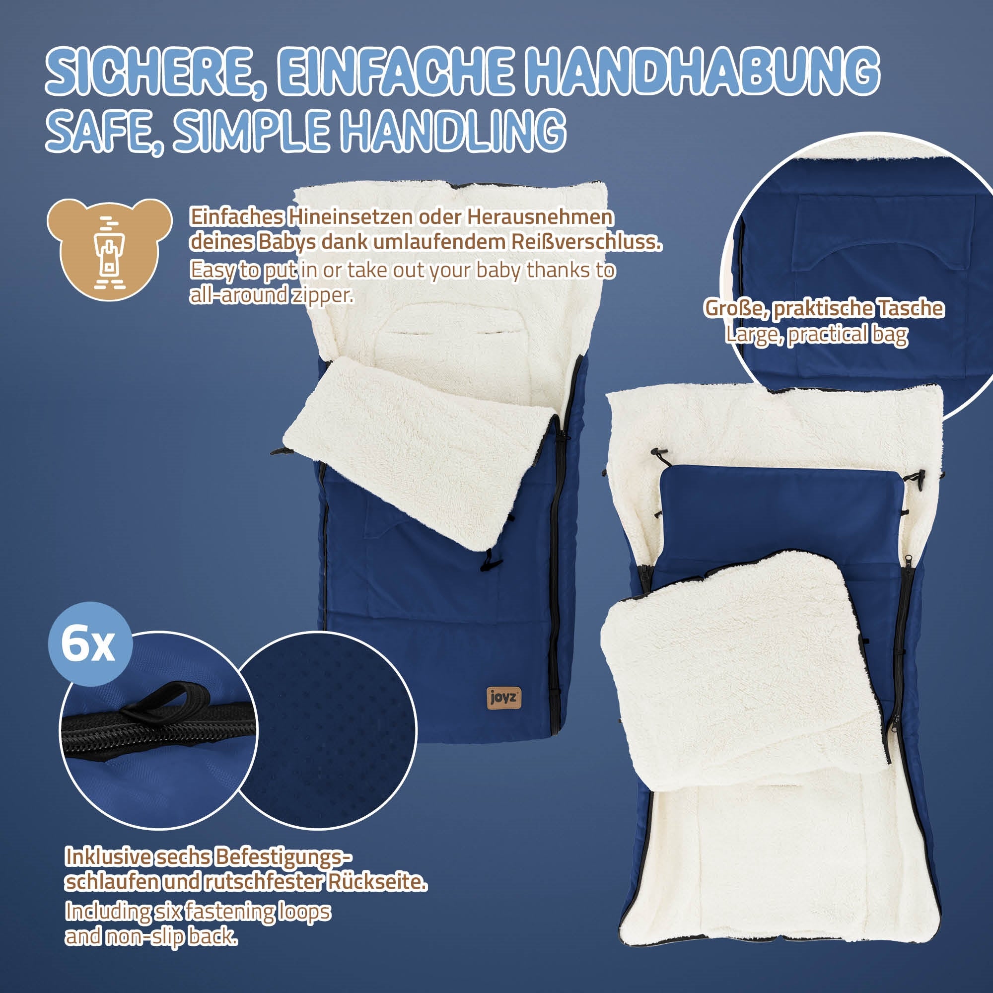 Une couverture avec fermeture éclair et un grand sac, adaptée aux bébés.