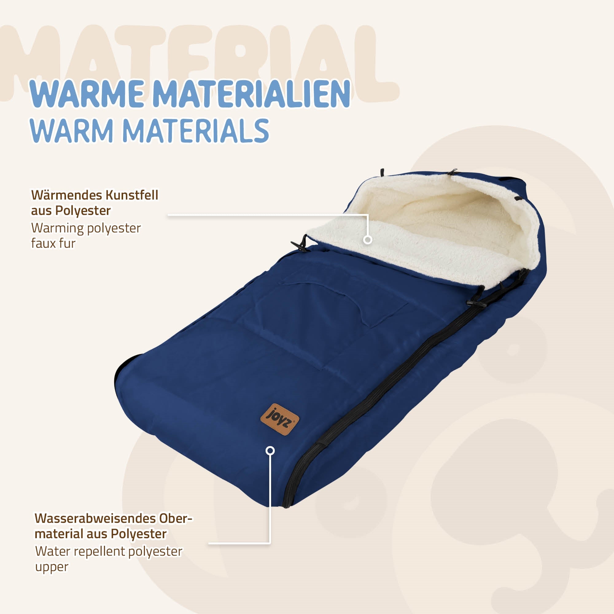 Sac de couchage pour bébé bleu en matériau chaud et déperlant.