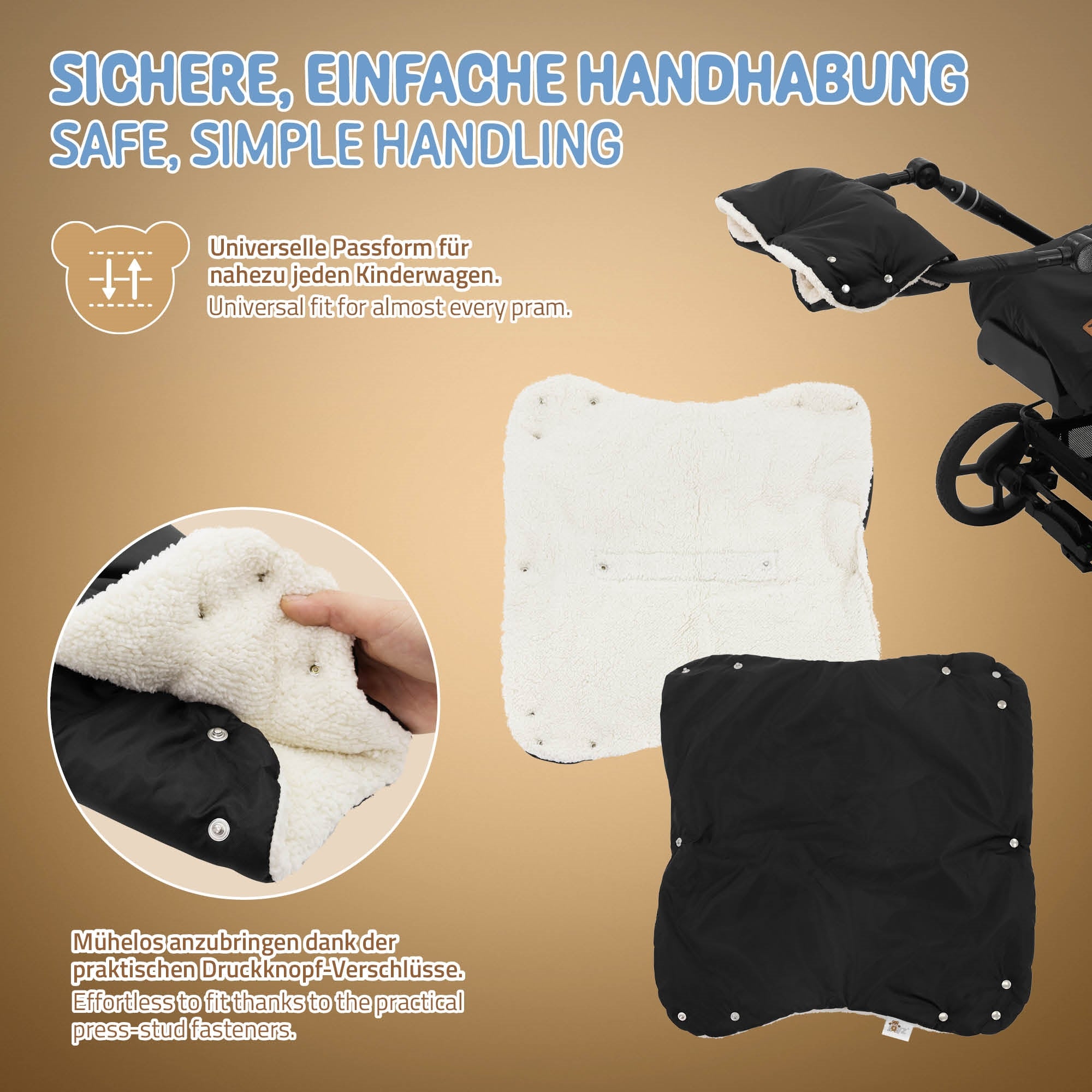 A black padded blanket with snap buttons for strollers.