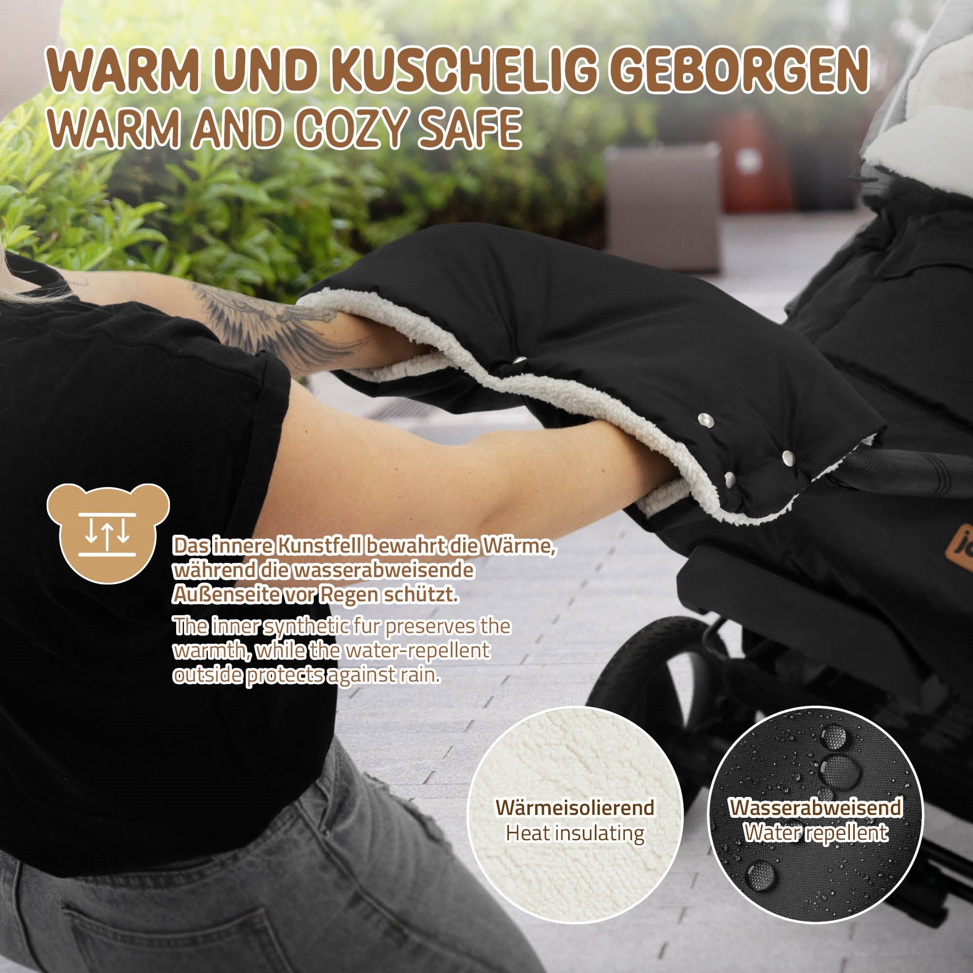 Person with a black, warm cover that is water-repellent.