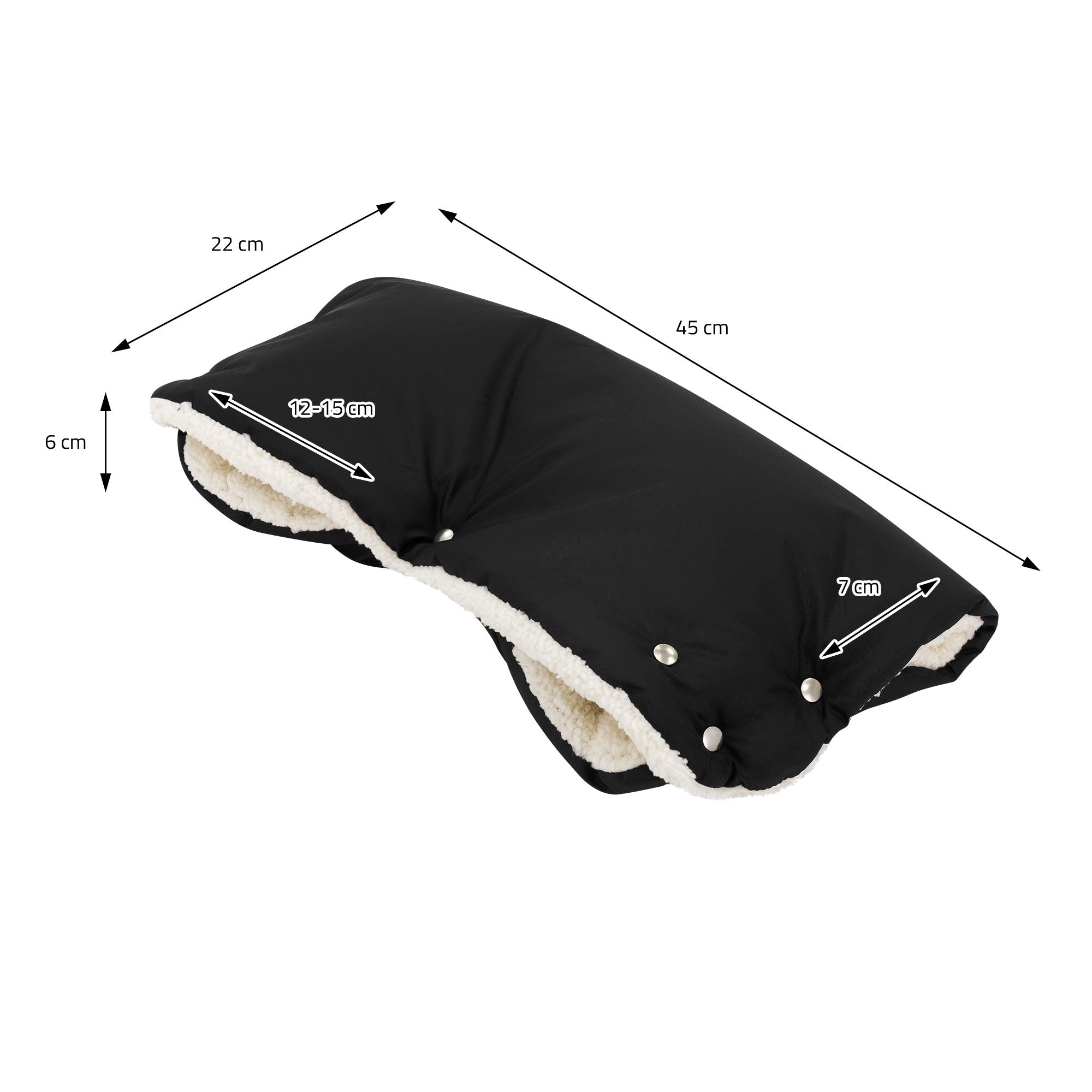 Black cover with measurements, showing dimensions and buttons.