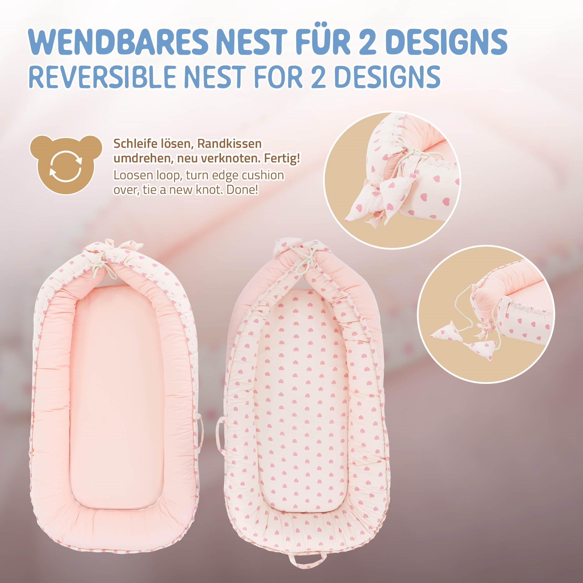 Wendbares Nest in Rosa mit weißen Herzen und einem Bärenmotiv.