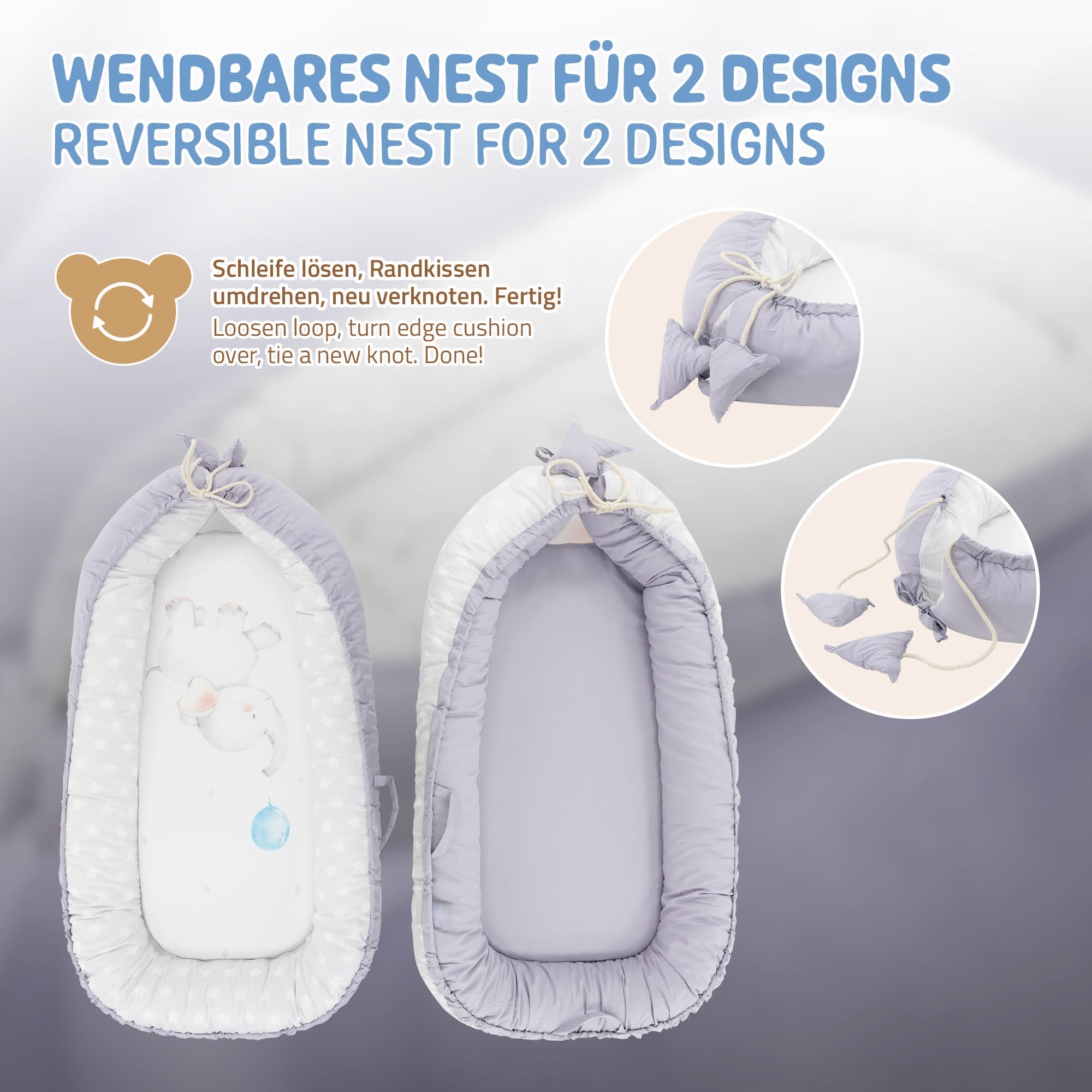 Nido reversibile con due design, uno con motivi di animali, l'altro in unicolore viola.