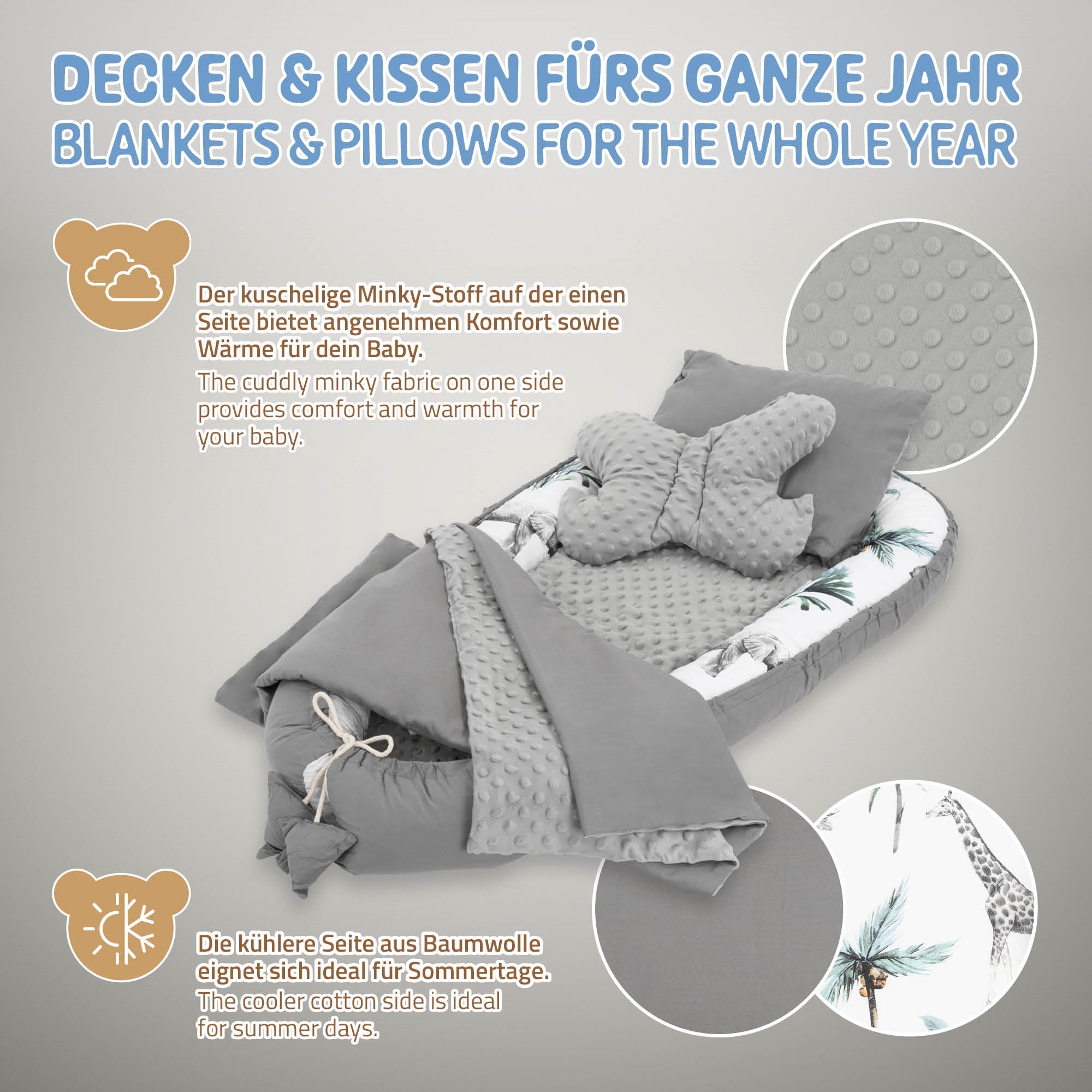 Lit pour bébé en tissu Minky douillet avec coussin et couverture en gris.