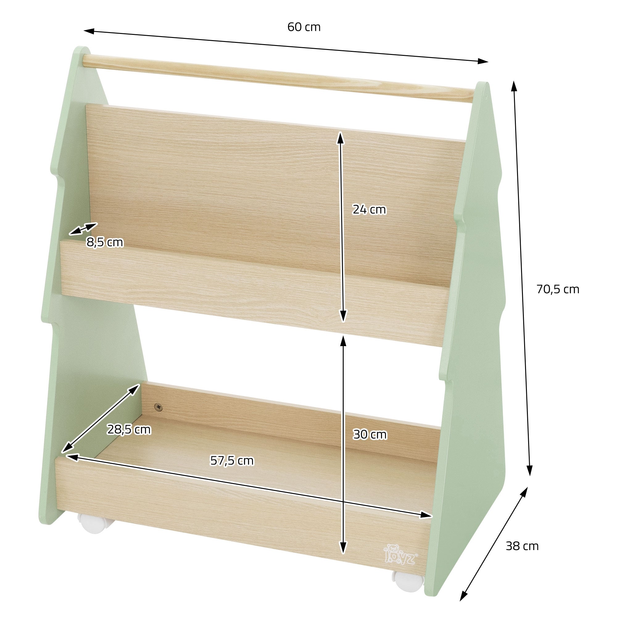 Måltegning af en reol med to hylder, højde 70,5 cm, bredde 60 cm, dybde 38 cm.
