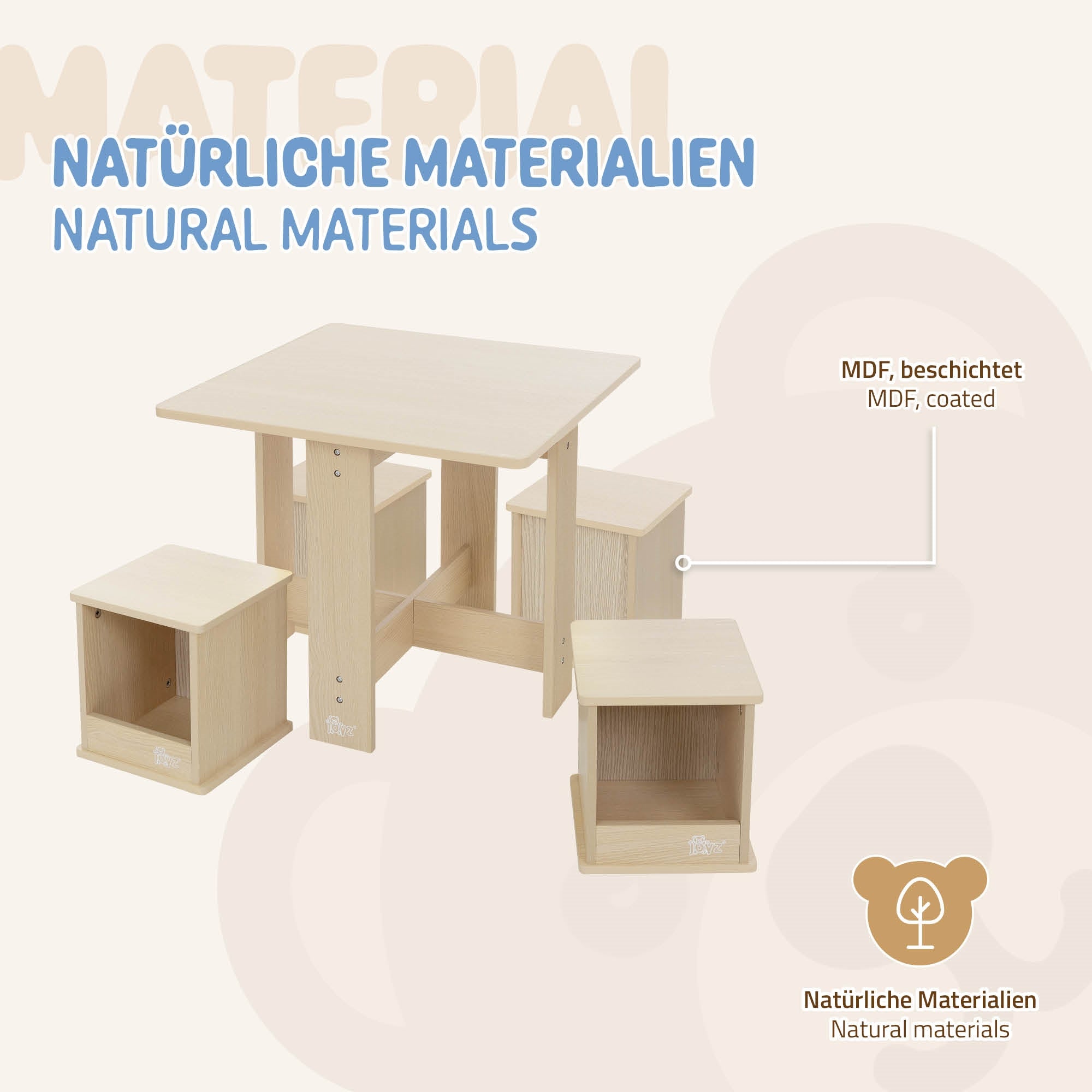 Tisch und Stühle aus natürlichen Materialien, beschichtet.