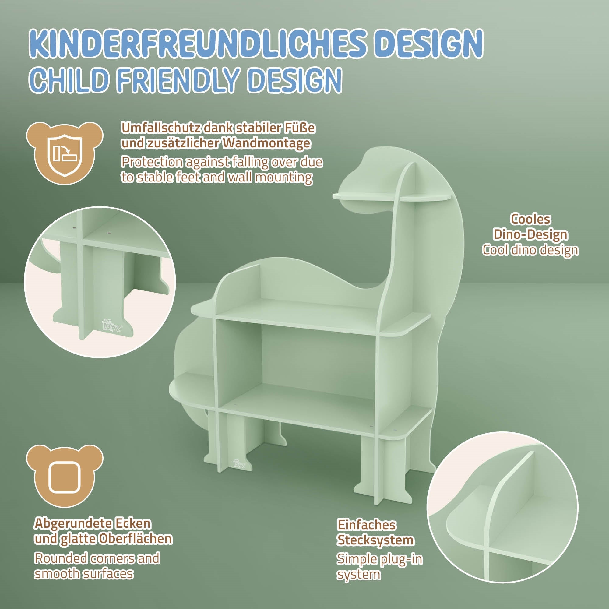 Illustration d'un design adapté aux enfants avec des pieds stables et des coins arrondis.