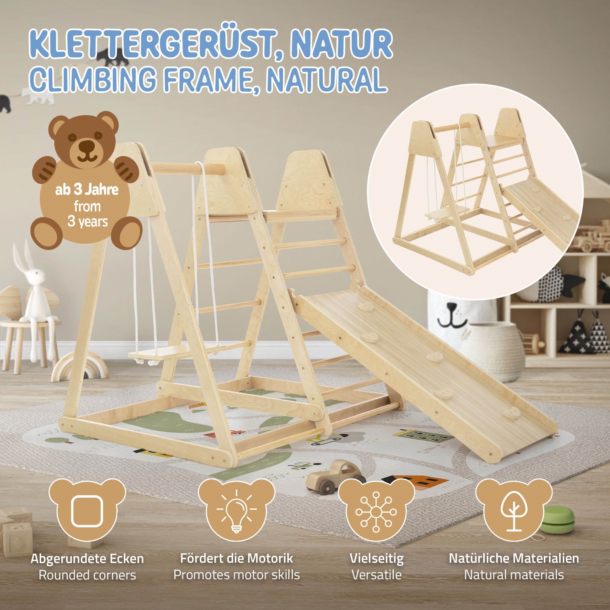 Ein Klettergerüst aus Holz mit Rutsche, geeignet für Kinder ab 3 Jahren.