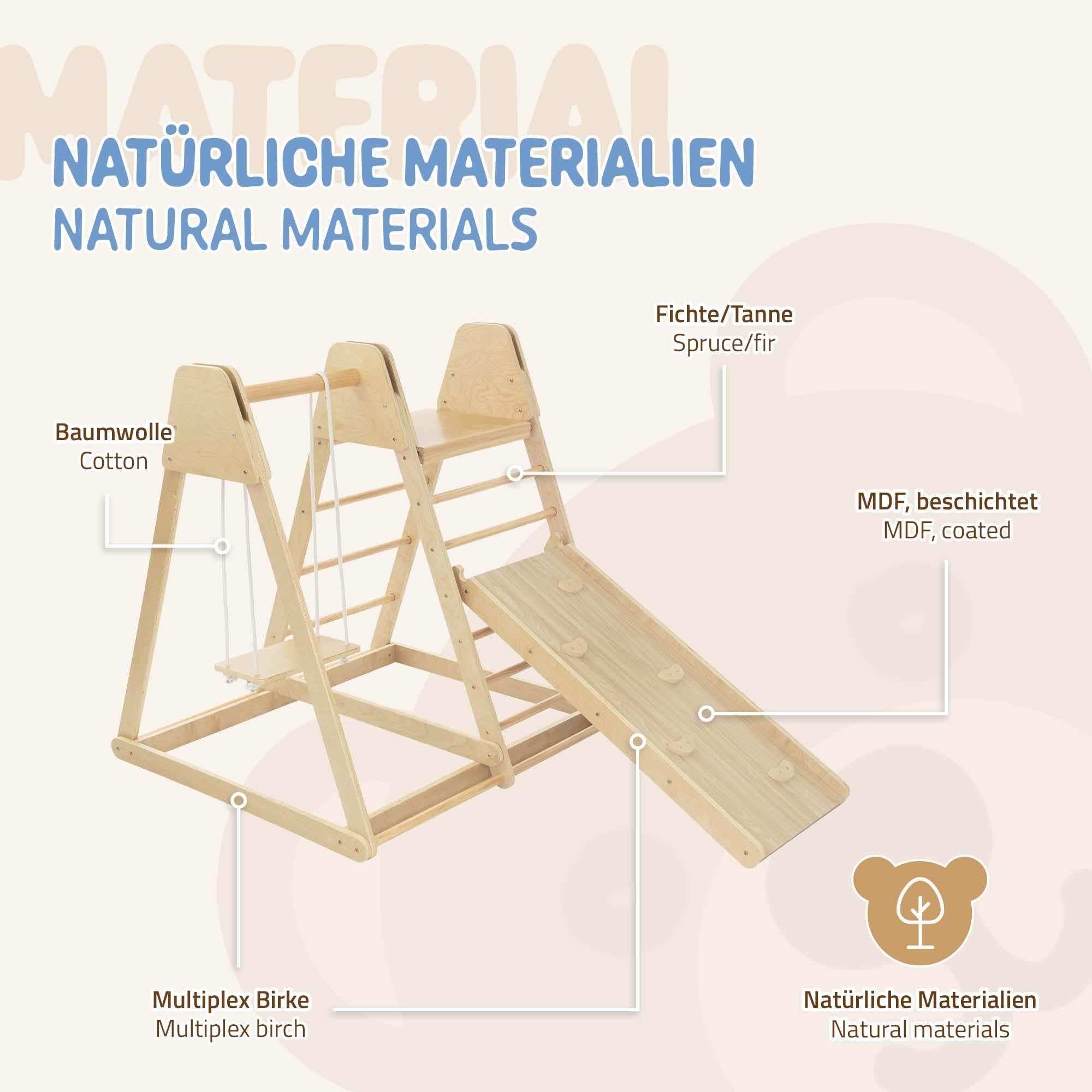Équipement de jeu en bois avec toboggan et échelle, fabriqué à partir de différents matériaux.