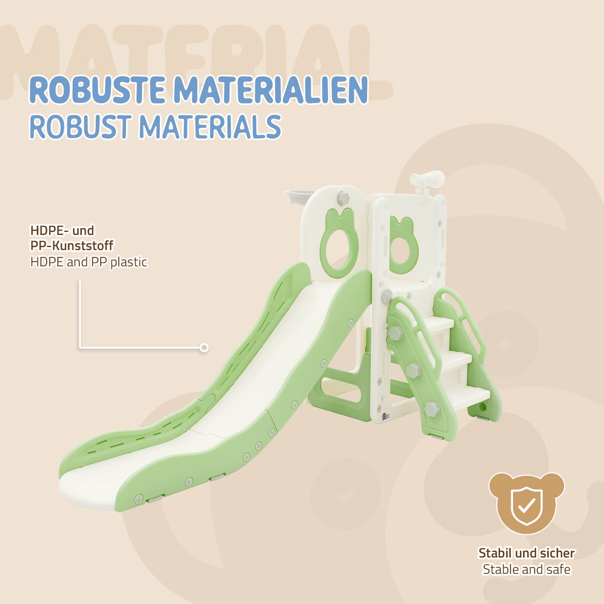 Playground equipment with slide in green and white, stable and safe.